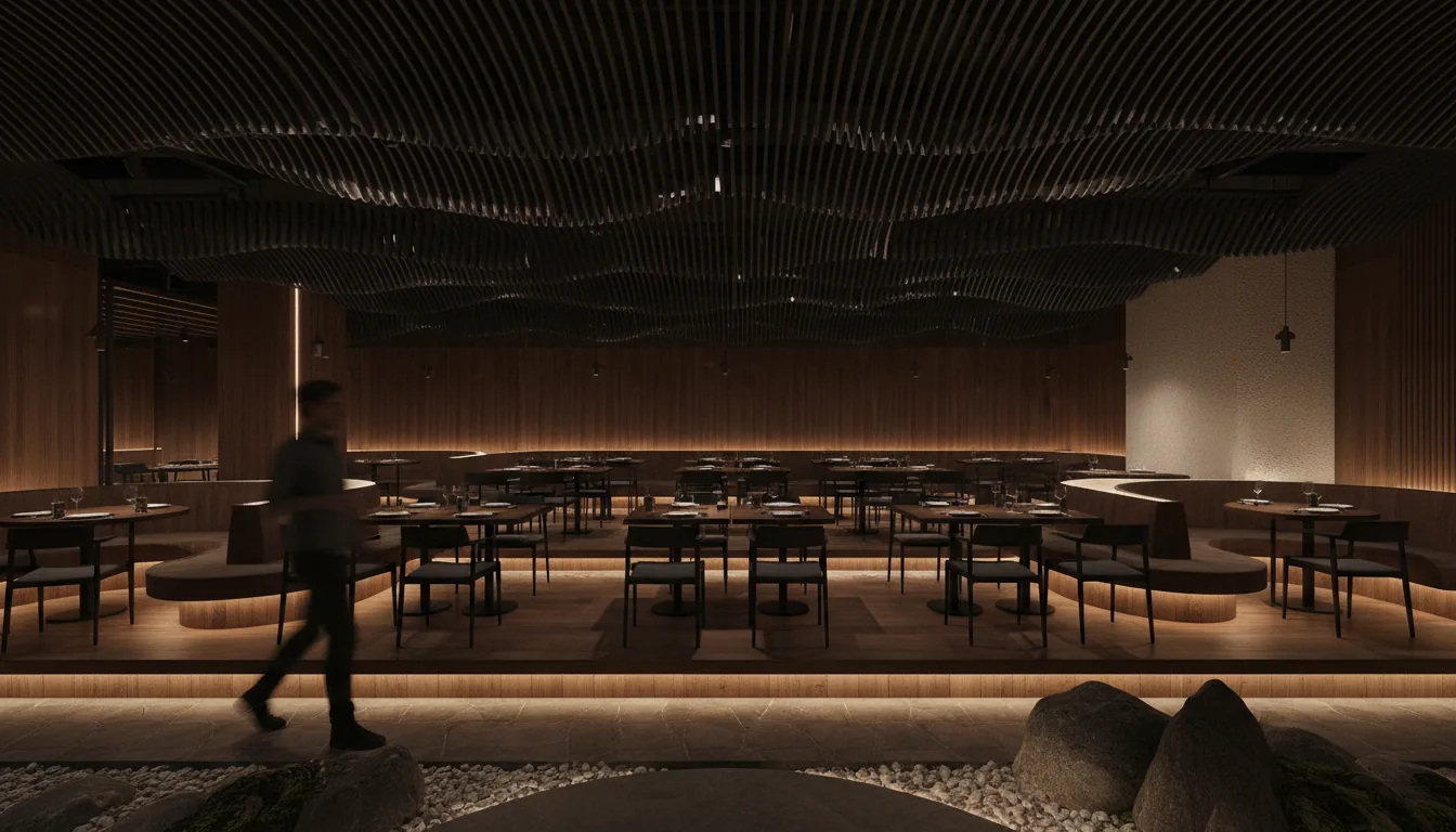 Photorealistic 3D render of a modern Japanese restaurant interior, architectural visualization created in Blender. The scene features a dramatic, undulating ceiling made of dark fluted glass slats over a dining area with dark wood tables and minimalist chairs. Curved wooden benches are accented with warm, hidden LED strip lighting. The design blends dark wood paneling with light-colored textured stucco walls and integrated pebble rock gardens. Cinematic contrast lighting with soft spotlights and warm ambient glow. A person is depicted in the foreground with long-exposure motion blur, adding a dynamic element. Wide-angle shot, sharp focus, hyper-realistic textures.