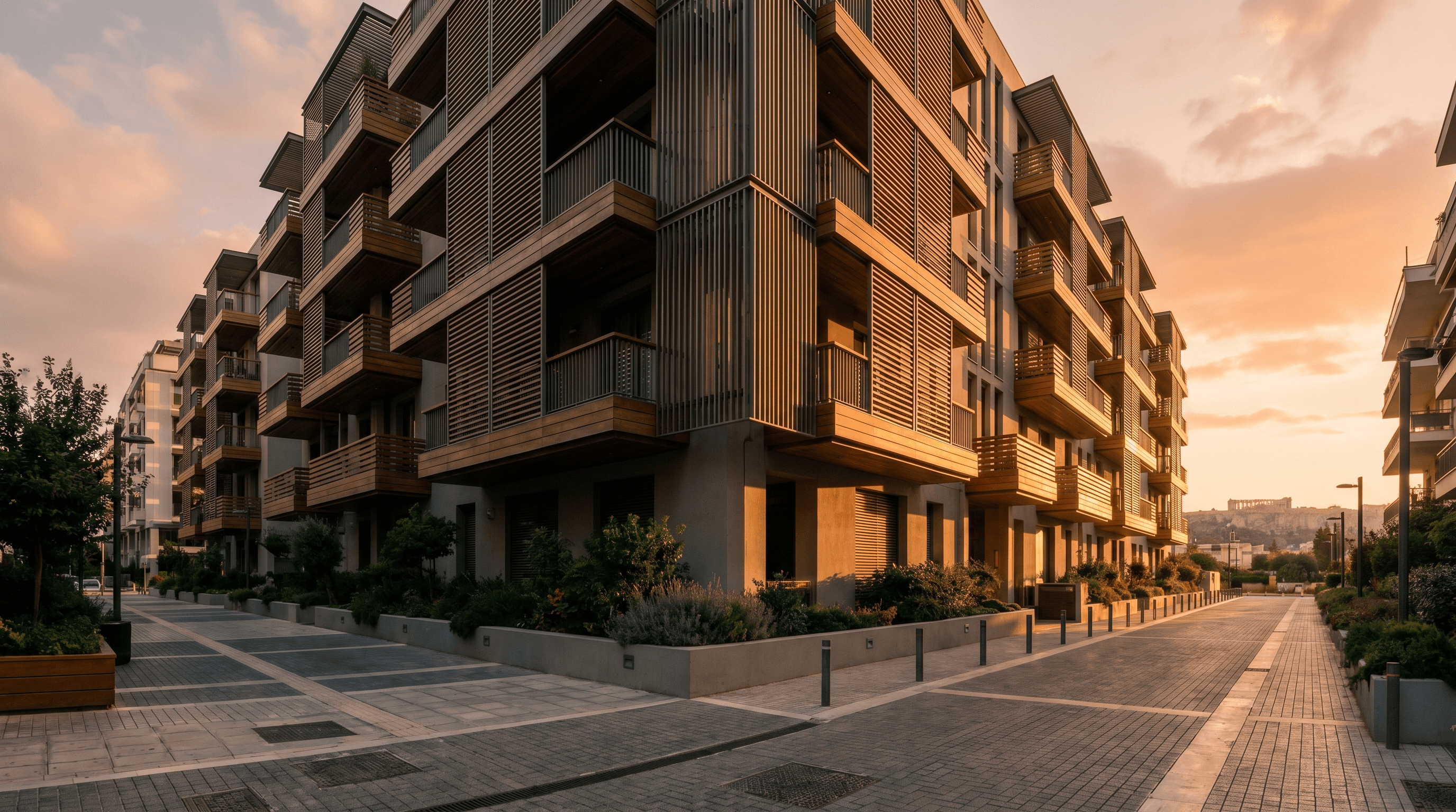 Cinematic golden-hour view of modern luxury residential development in Athens, Greece, with the Acropolis visible in the distance — premium real estate marketing example by TERAMOK Greece
