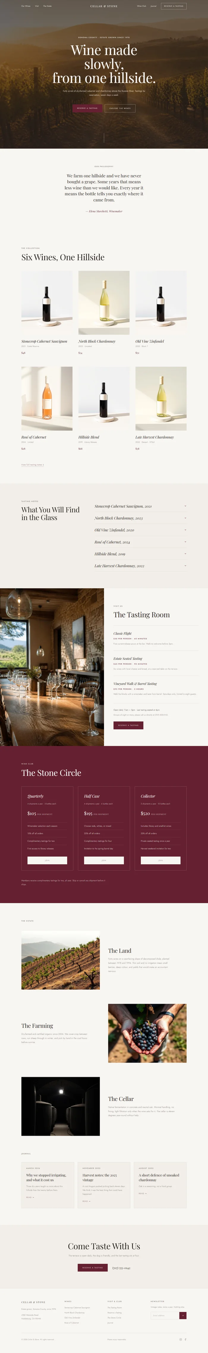 Full winery website design: vineyard hero, wines, tasting notes, tasting room, wine club