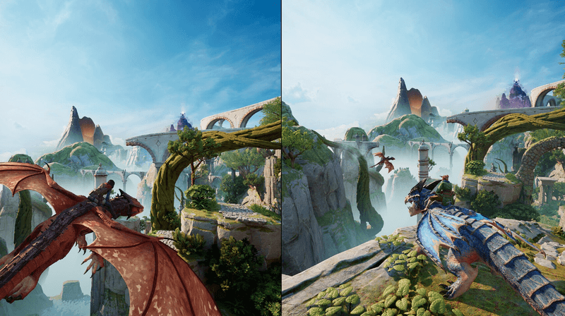 Screenshot Split Fiction Switch 2 – paysage coloré avec îles flottantes, ponts suspendus et créatures volantes sur KeyVerse Gaming