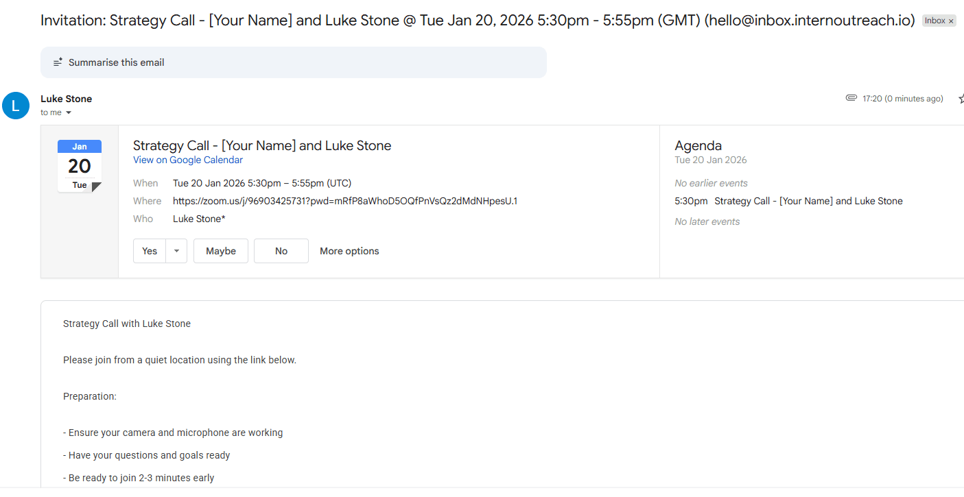 Example of the calendar invite email you will receive