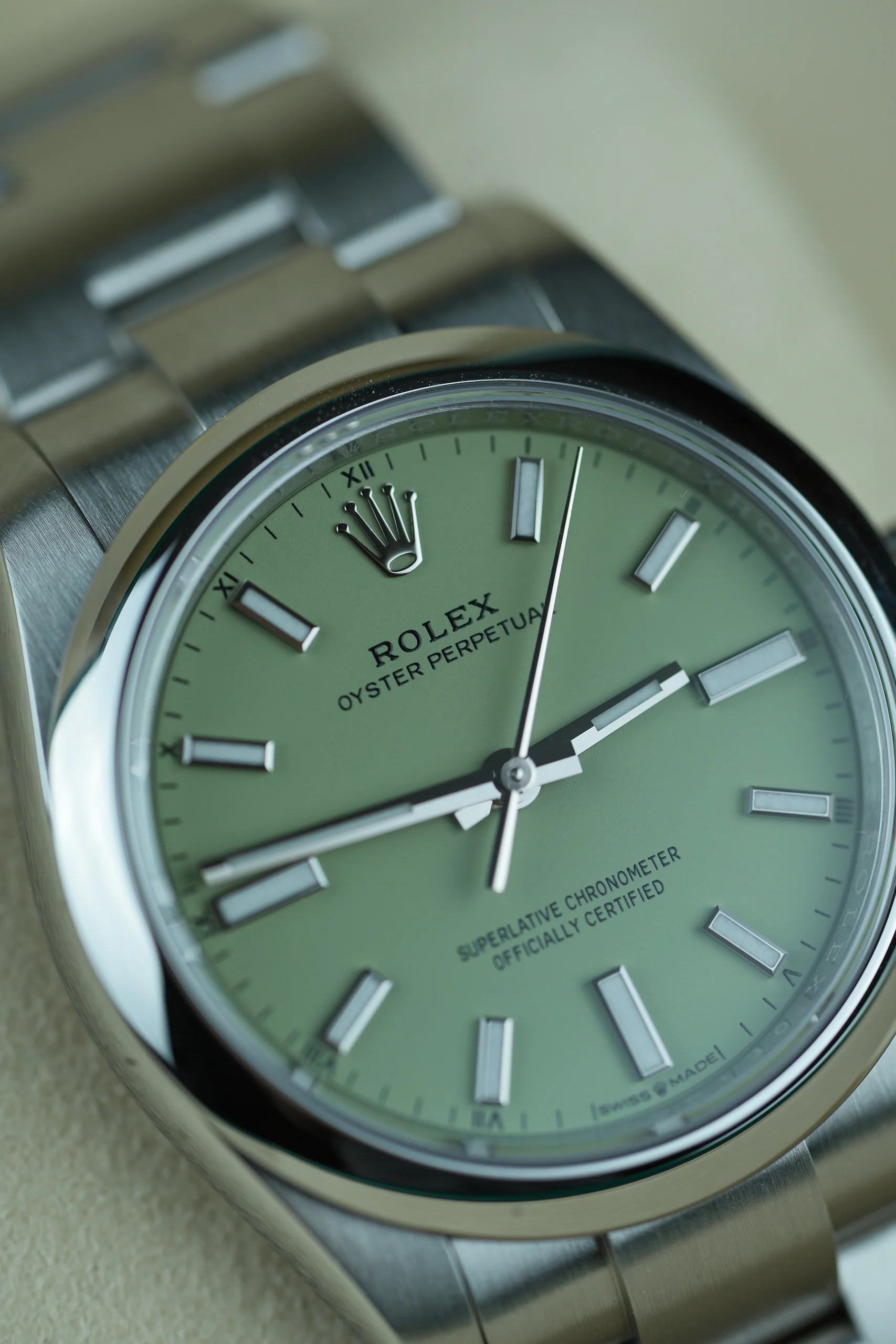 Close-up of the pistachio dial on the Rolex Oyster Perpetual Pistachio 277200