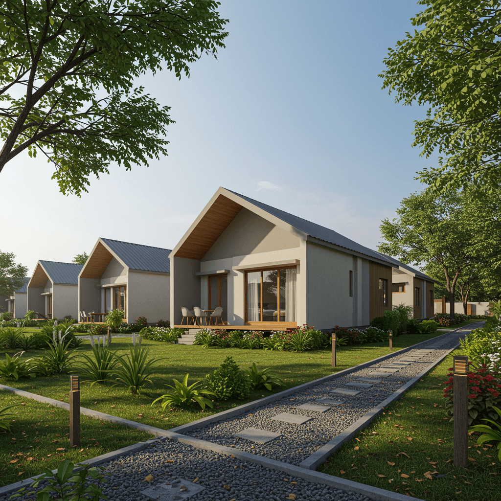 Modern indoor space with large glass doors, lush greenery, and a cozy seating area visible beyond.