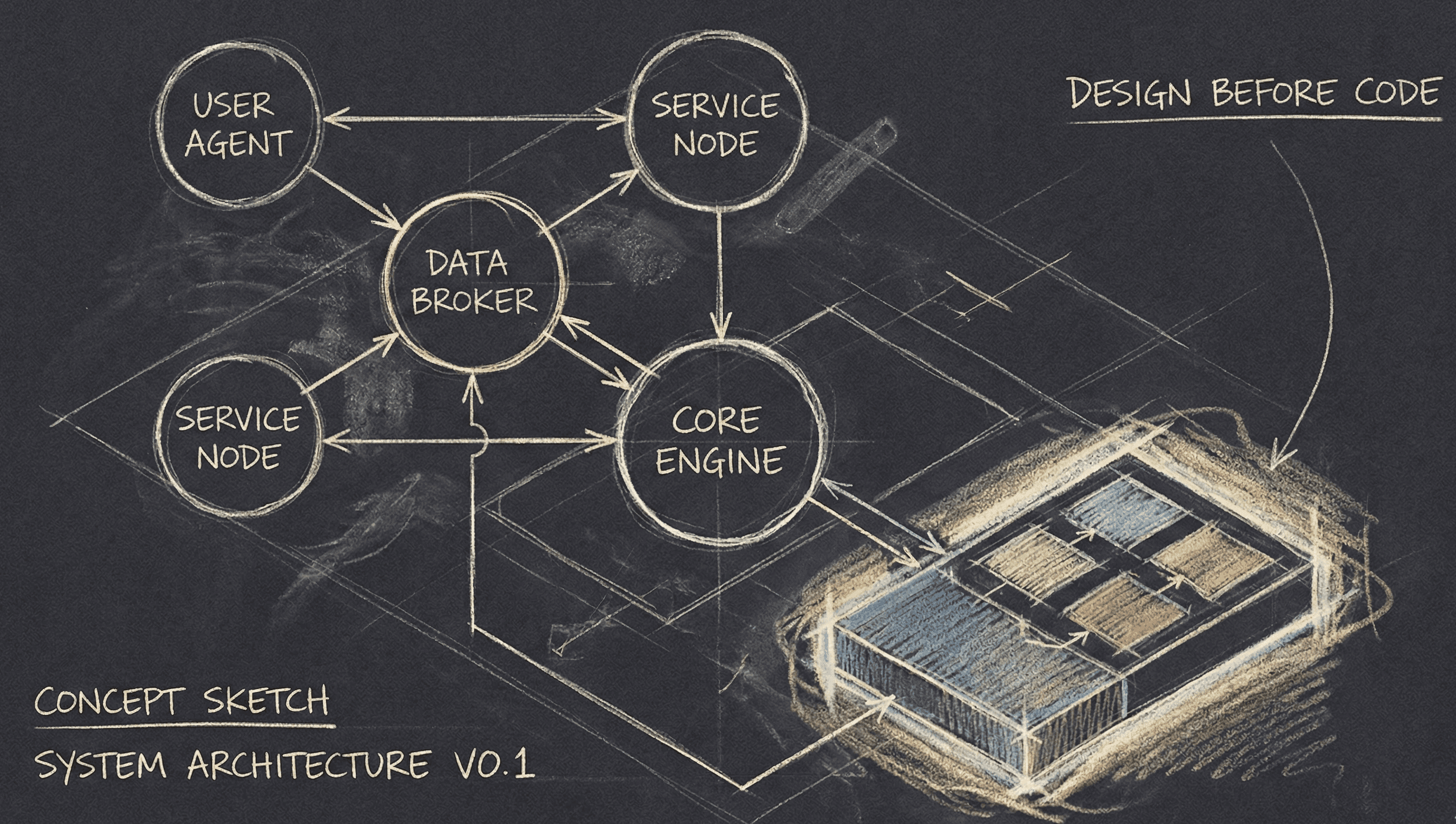 An architectural blueprint or technical schematic with agent-like nodes