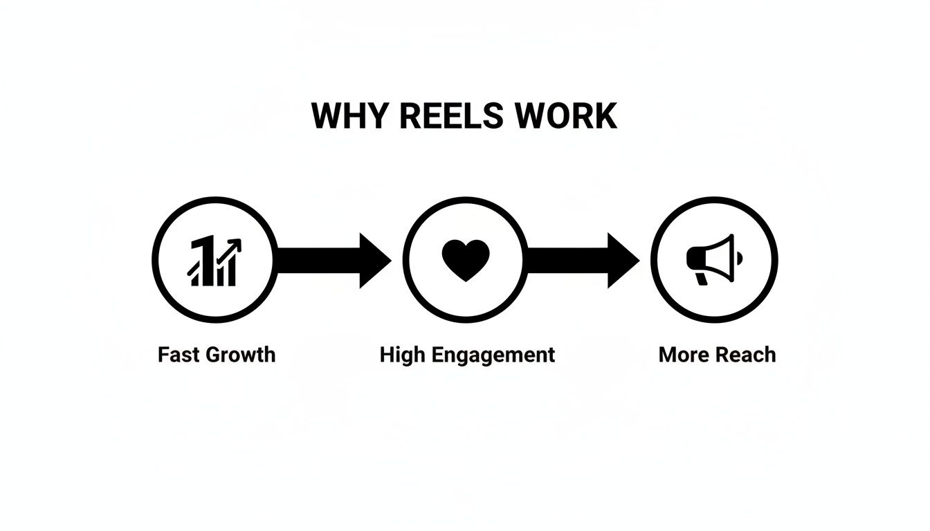 Diagram showing how Reels lead to fast growth, high engagement, and more reach.