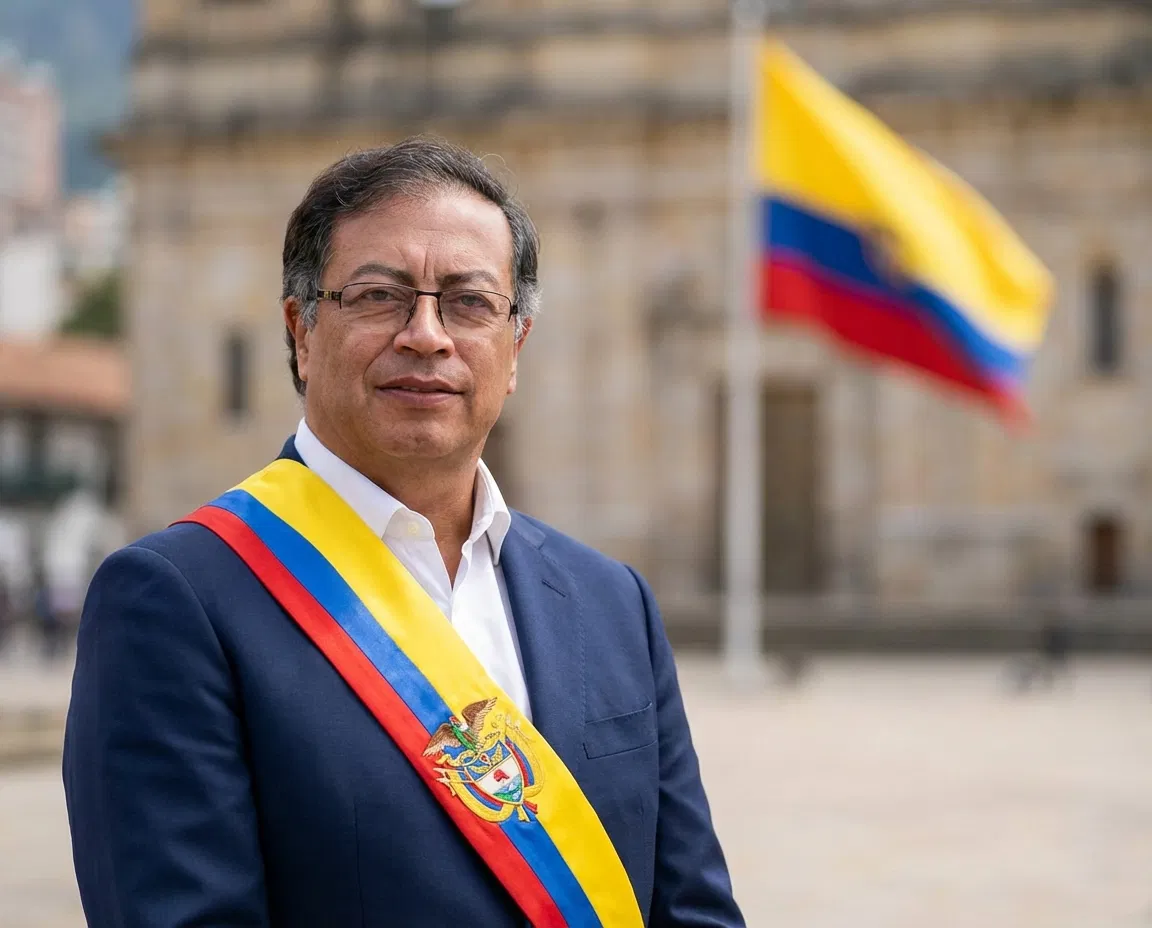 Colombia’s President Gustavo Petro with the Colombian flag in the background.
