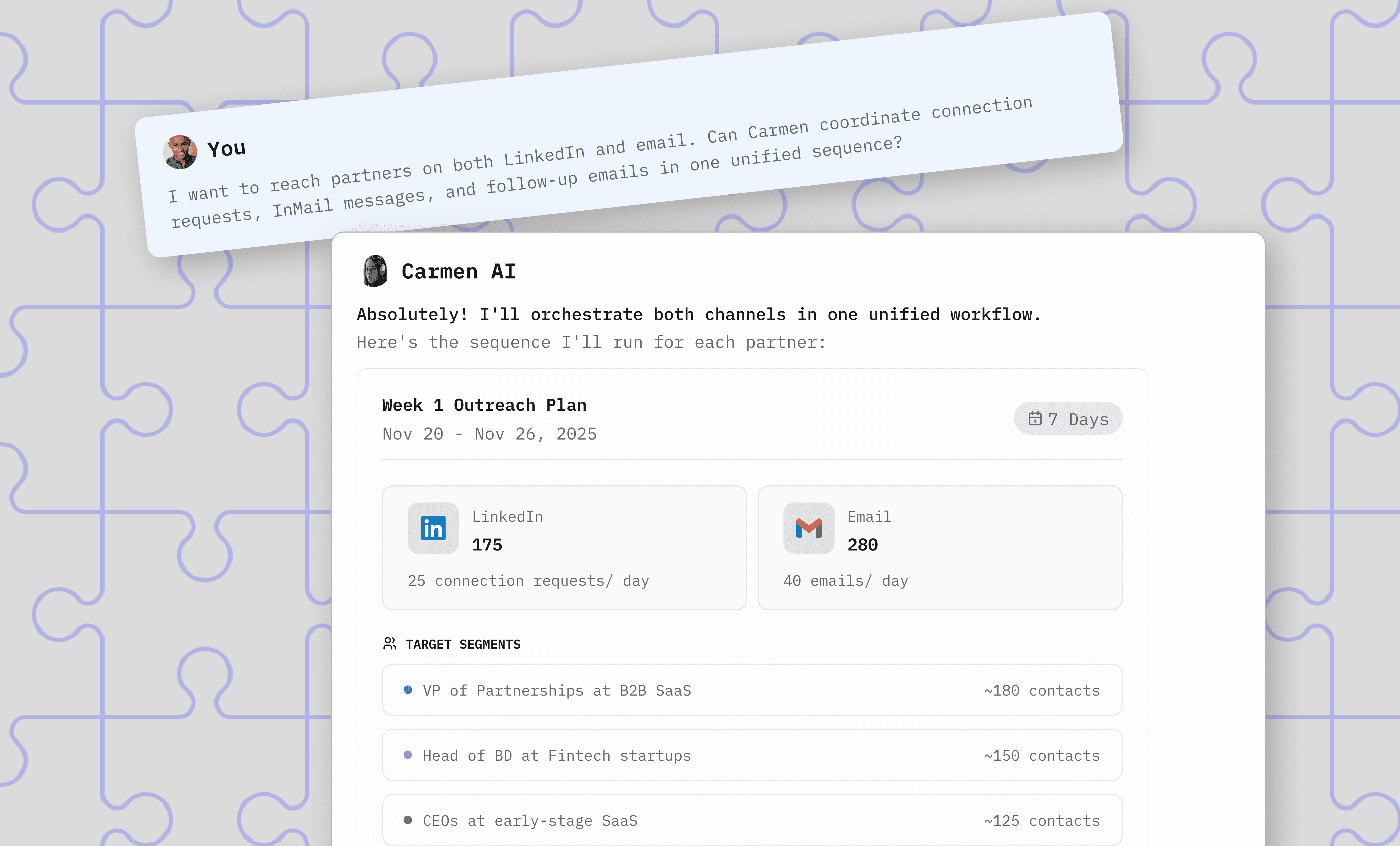Carmen Chat Interface showing AI Partner Acquisition Process.