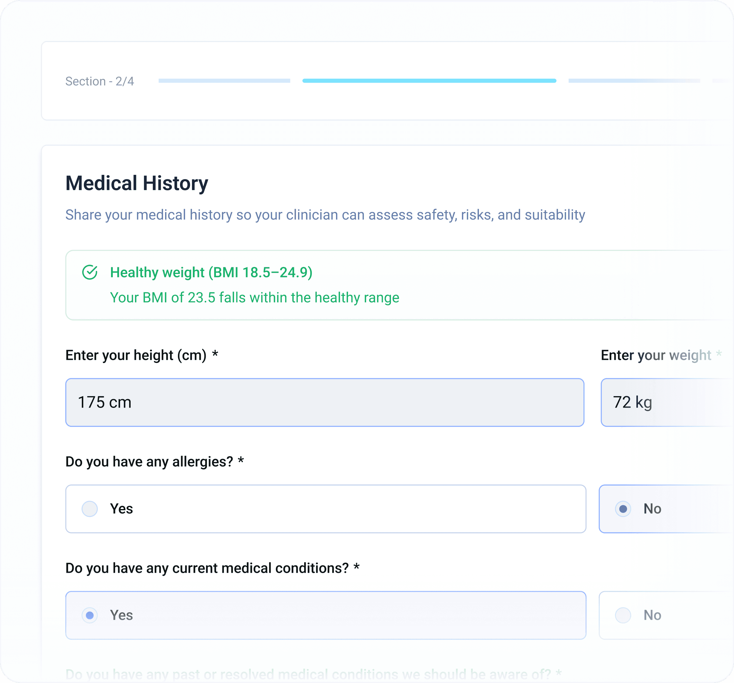 Screen for recording height, mass, past ailments, and sensitivities.