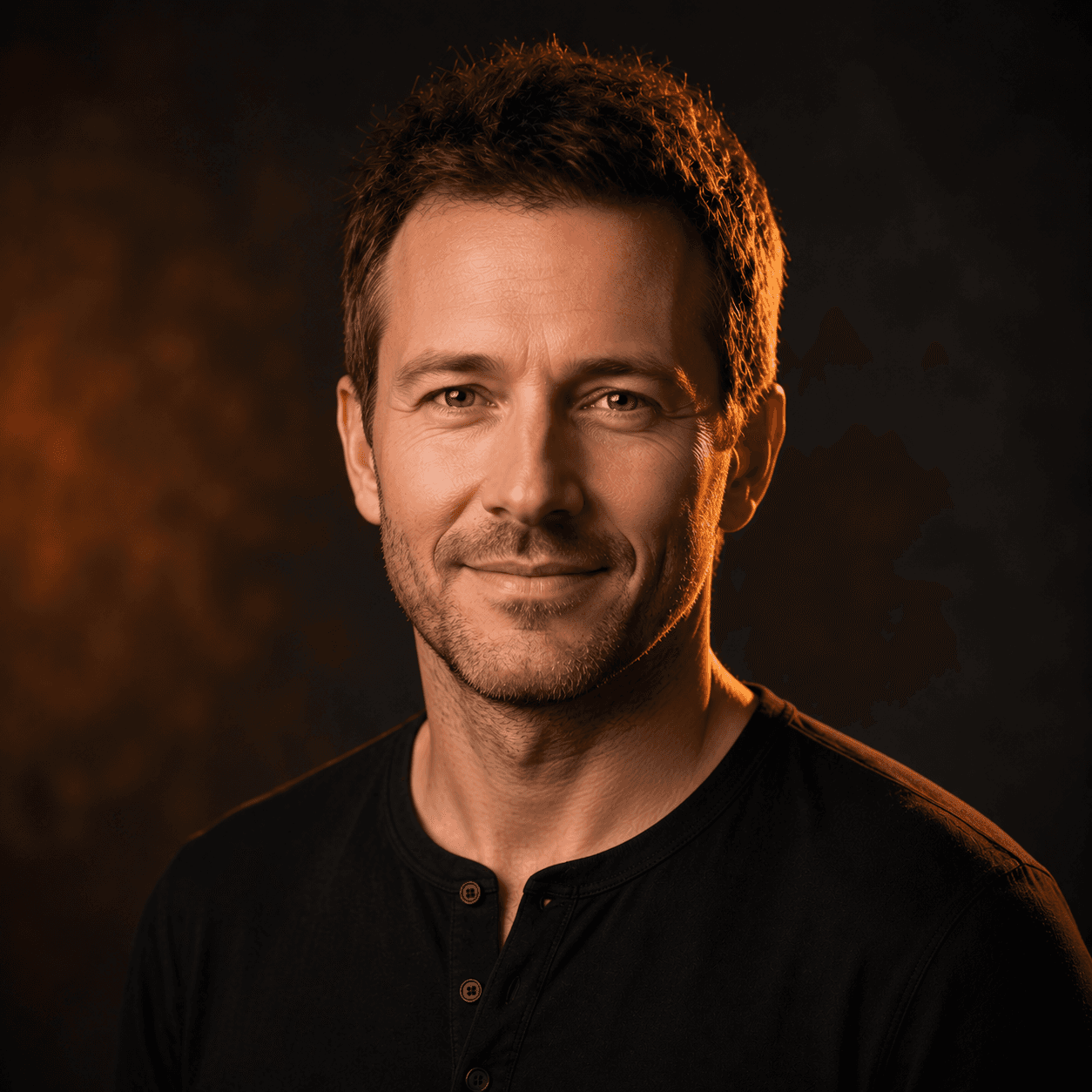 Professional headshot portrait of a fictional white man in his early 40s, startup founder, relaxed slight smile, short brown hair with light stubble, wearing a plain black henley.