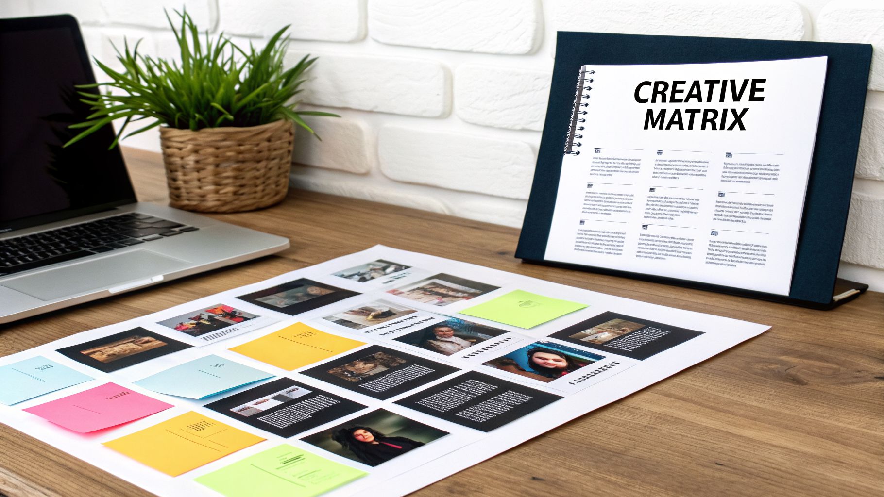 A desk with a laptop, a plant, and papers displaying a creative matrix and design elements.