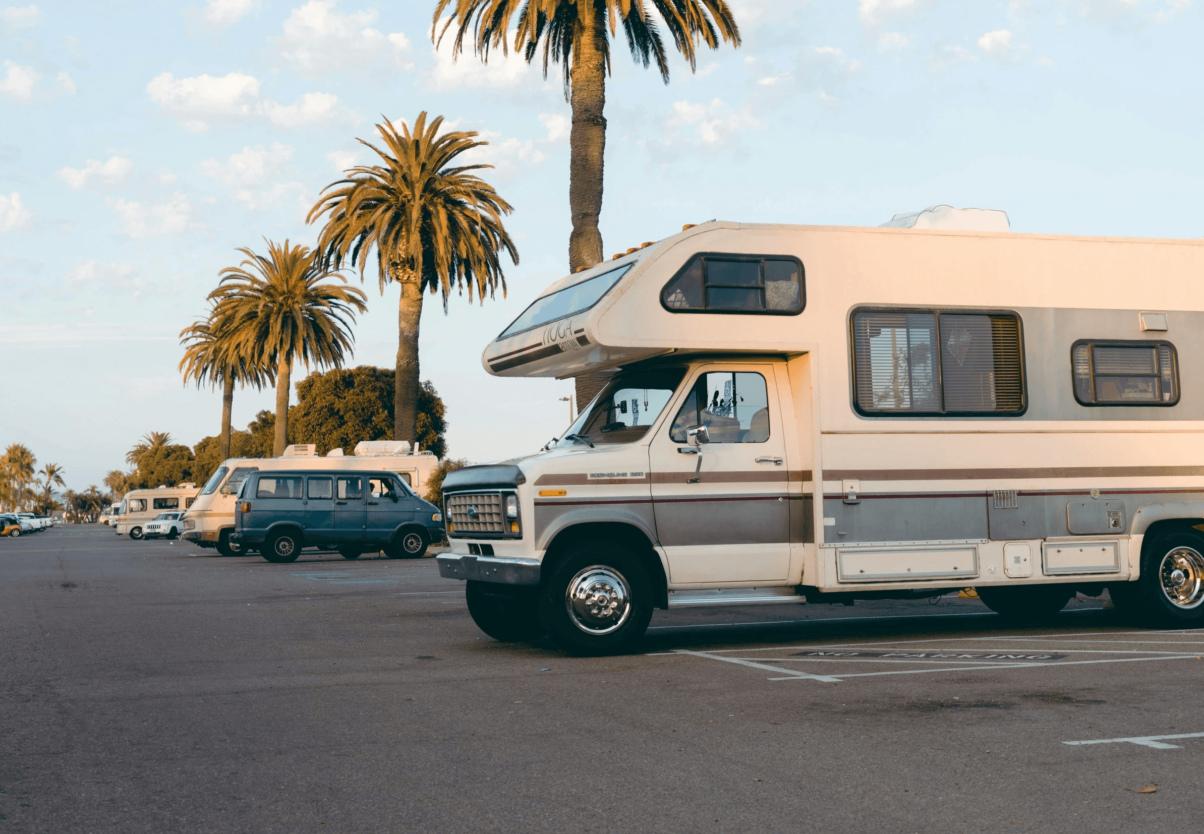A white Class C motorhome parked under tall palm trees in a coastal parking area at sunset.