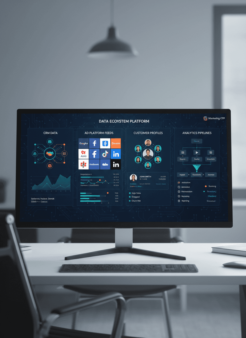 “Marketing data ecosystem dashboard integrating CRM, ad platforms, customer profiles, and analytics pipelines.”