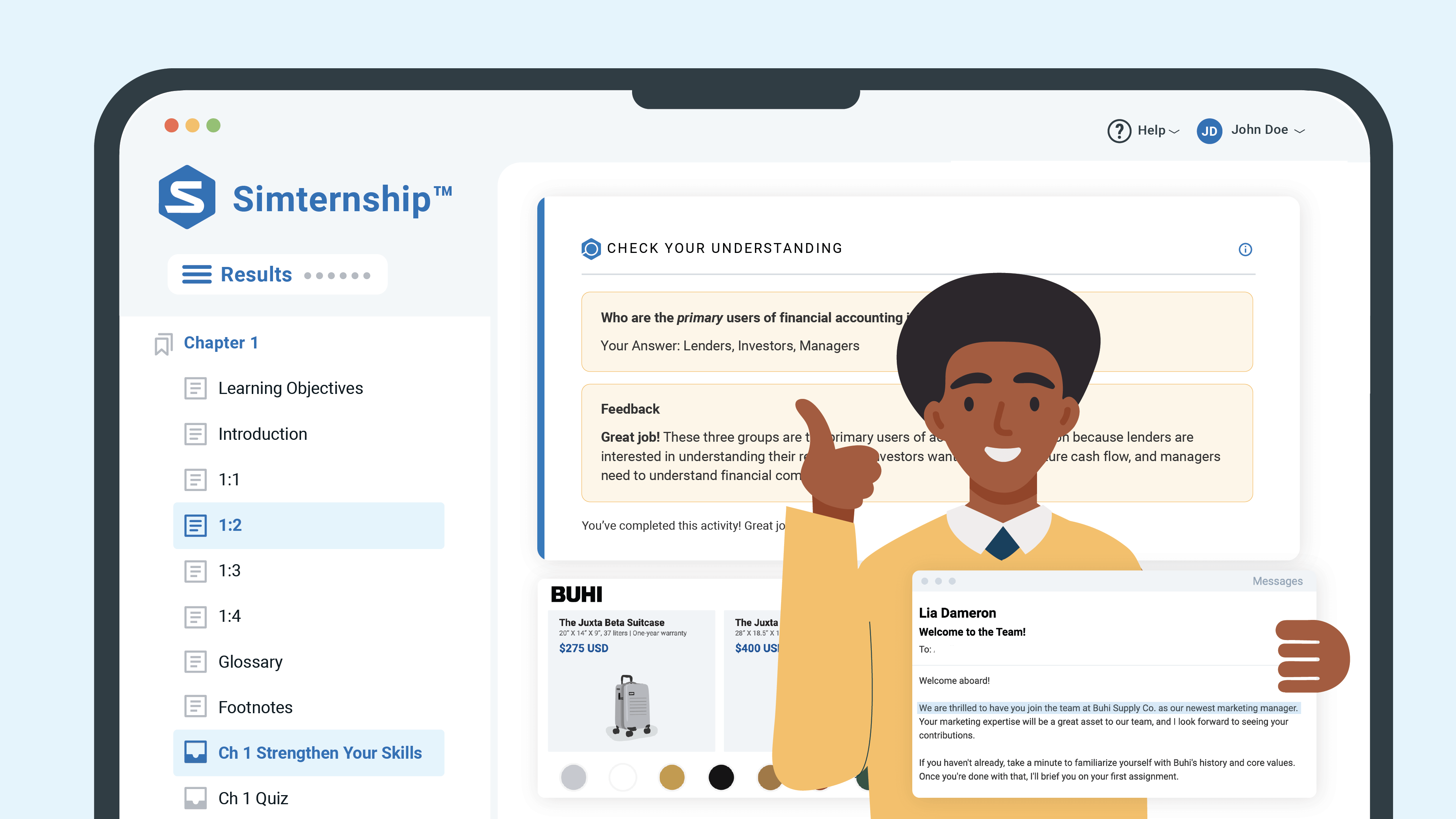 A smiling person holds a paper and gives a thumbs up in front of a laptop screen showing the Stukent® Simternship™ interface, with chapter navigation and learning activities visible on the left.