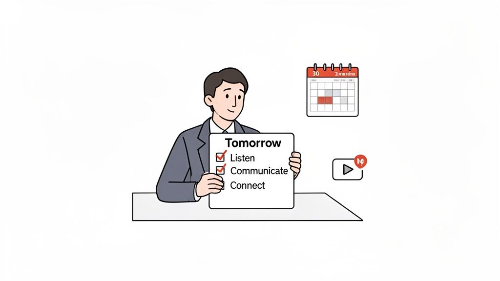 A man holds a 'Tomorrow' checklist: Listen, Communicate, Connect, with a calendar and video icon.