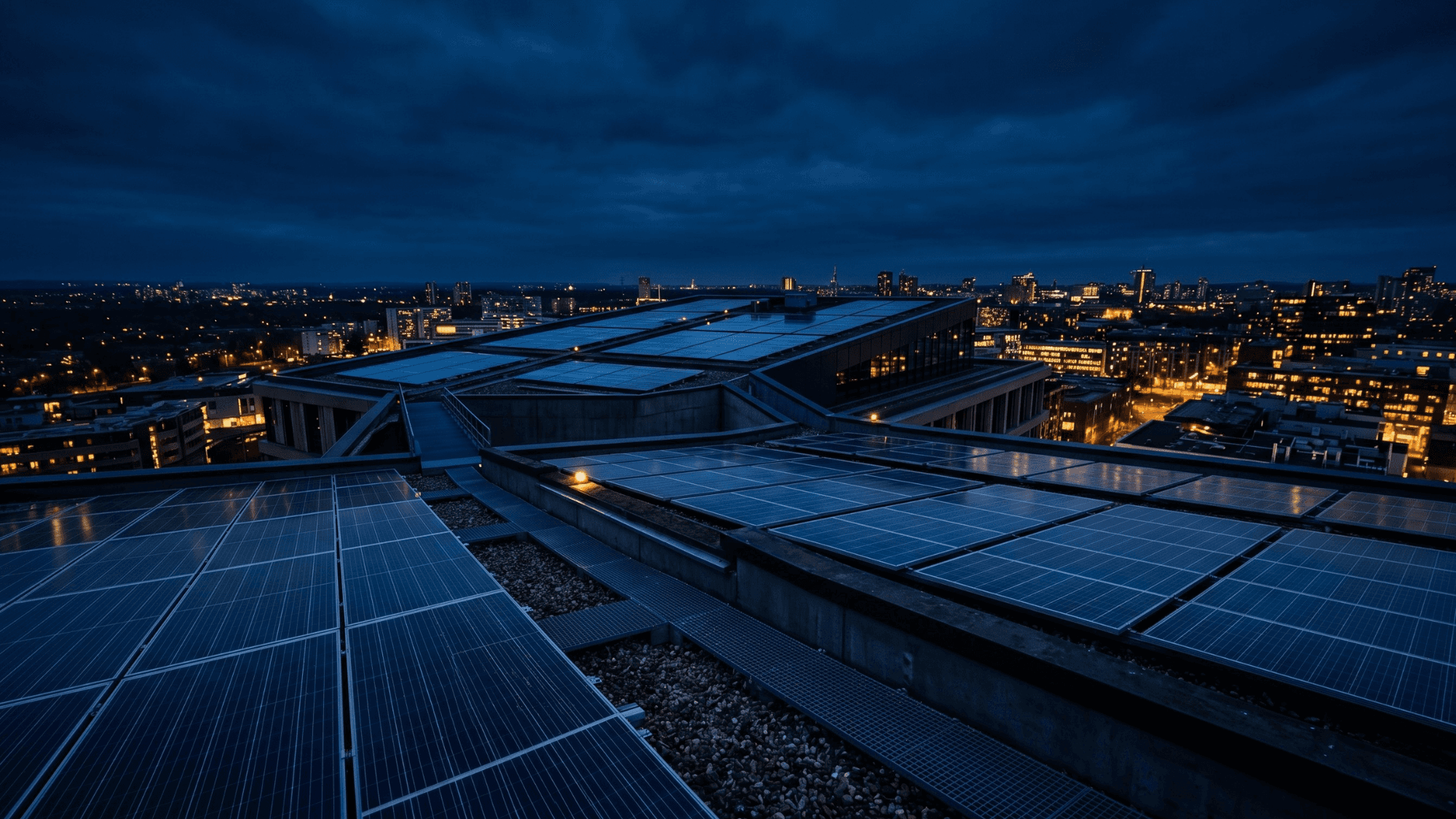 Solar panels installed on a residential rooftop in Bengaluru at twilight" Service card image: "Professional solar technician installing rooftop solar panels in Karnataka