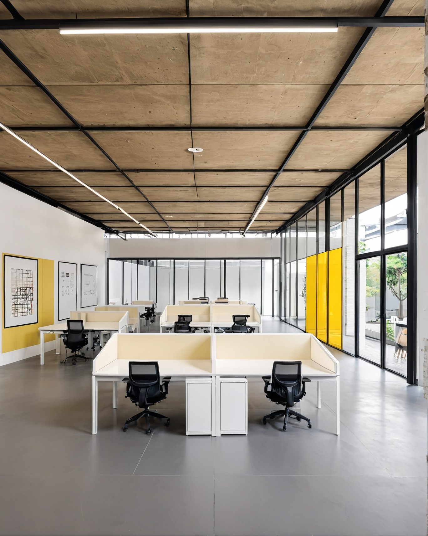 Conference zone with raw ceiling finish, matte partitions, and minimalist aesthetic