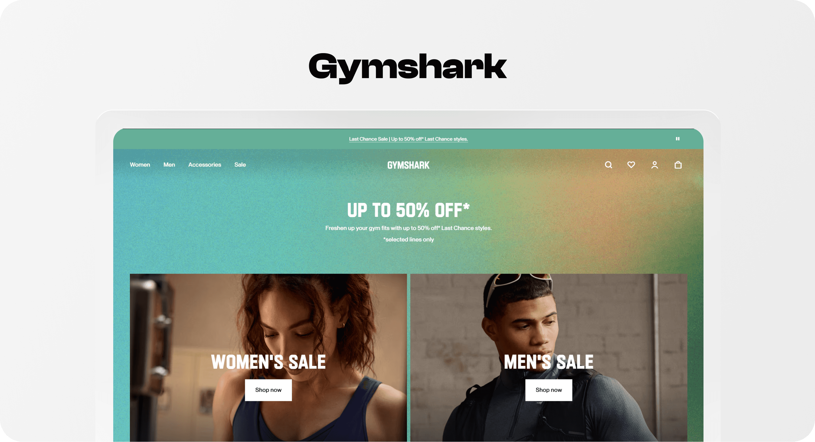 Gymshark homepage with Women, Men, Accessories and Sale navigation and separate sale collections.