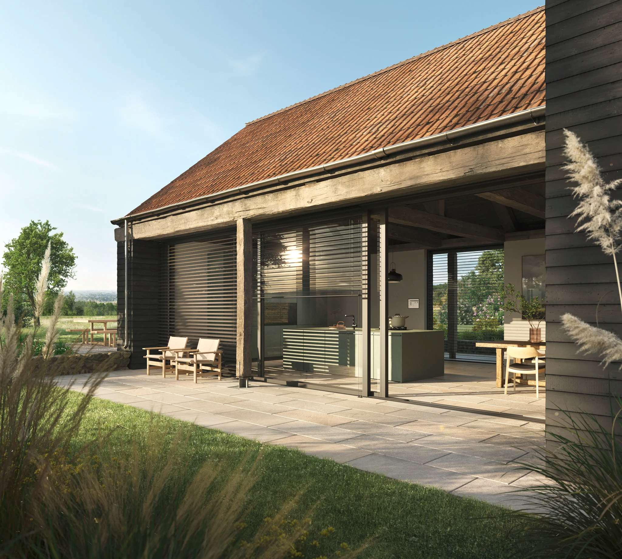 Moderne Terrasse in Westerwalbesloh mit Sonnenschutz, Markisen, Rollladen, Raffstoren. Maßanfertigung durch Handwerk OWL.