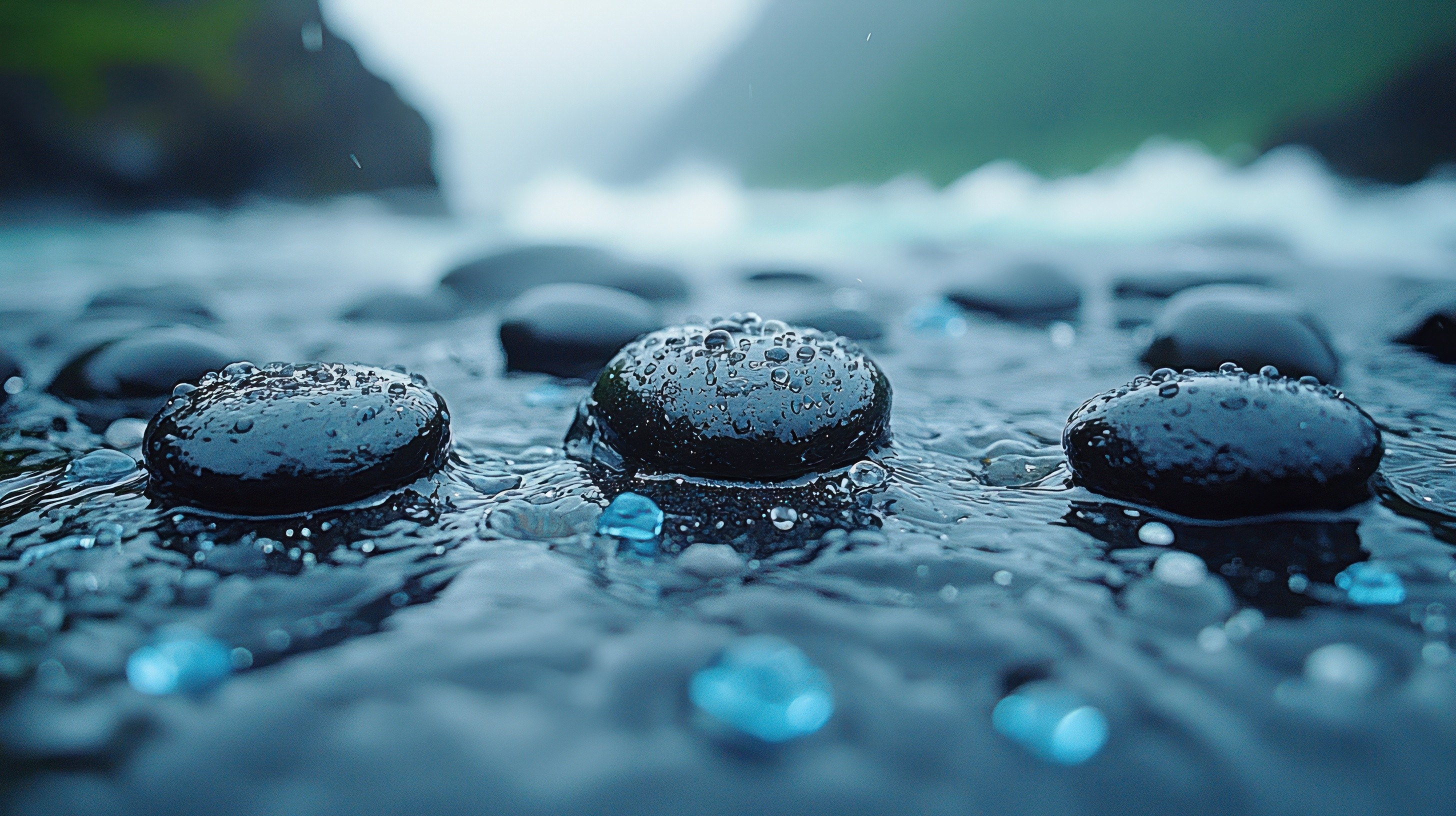 Smooth, dark gray river stones stacked neatly in a small pile on a textured surface covered in clear, reflective blue glass water droplets.