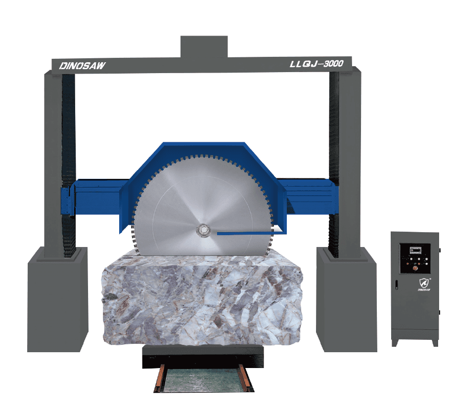 Dinosaw Gantry Cutting Machine featuring a robust design for precision cutting of large stone blocks, equipped with an adjustable blade elevation system for enhanced flatness and processing scope.