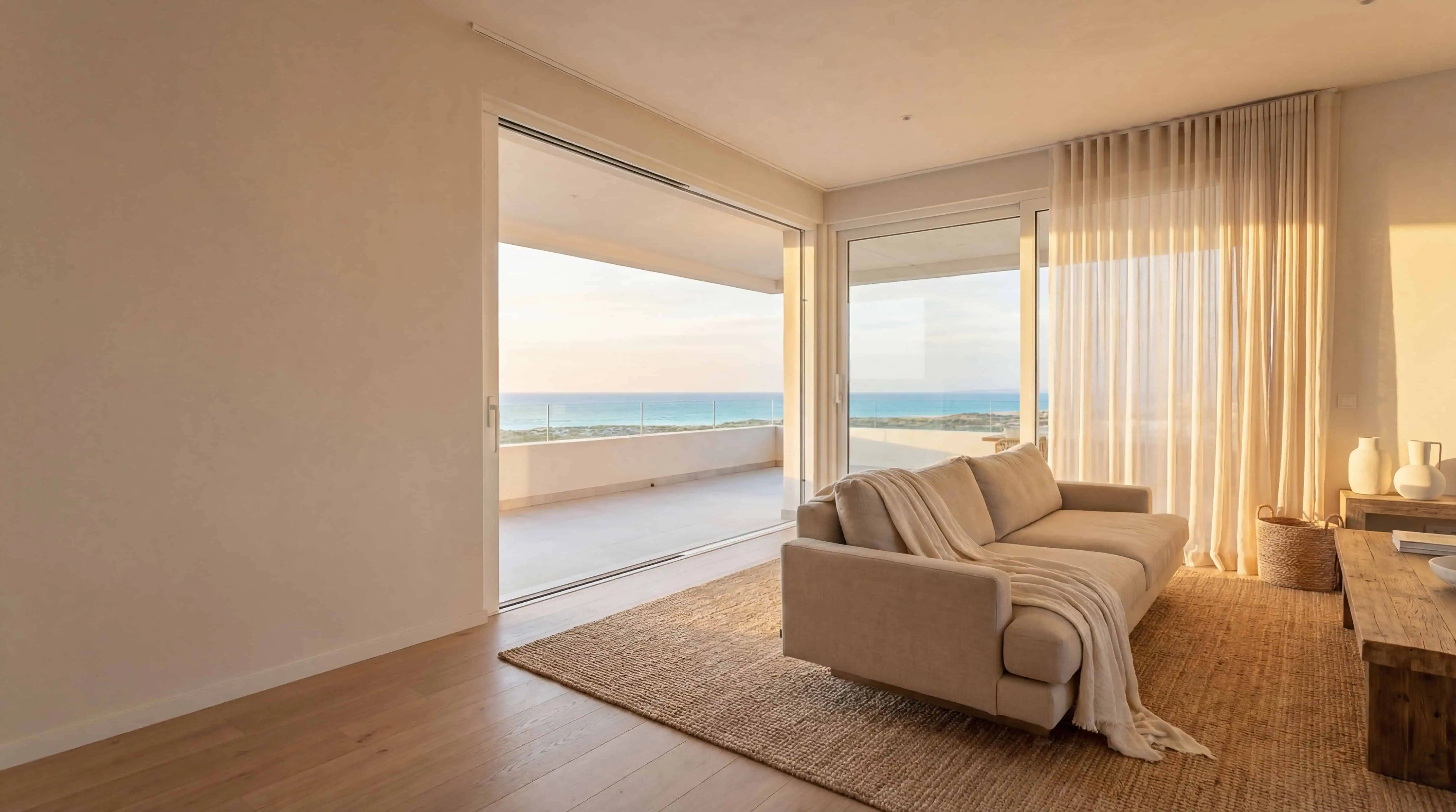 Sunlit coastal living room with ocean view and private balcony, ready for a relaxing beach stay