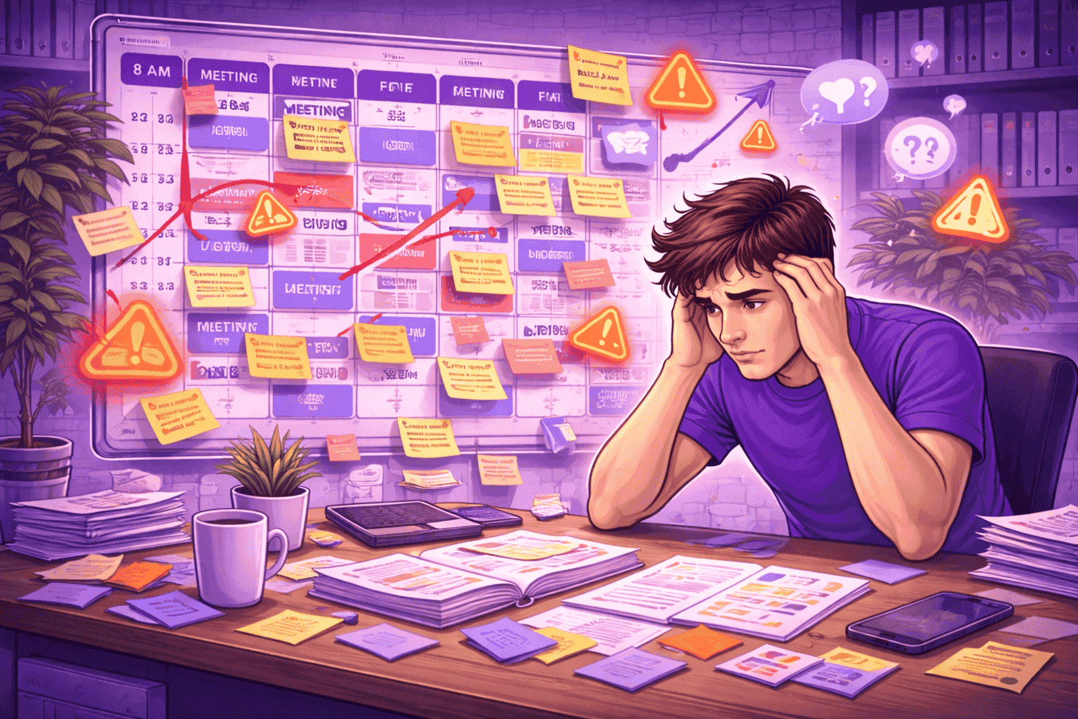Employee overwhelmed by excessive scheduling and disorganized calendar, showing stress and lack of time management planning in a modern workspace.