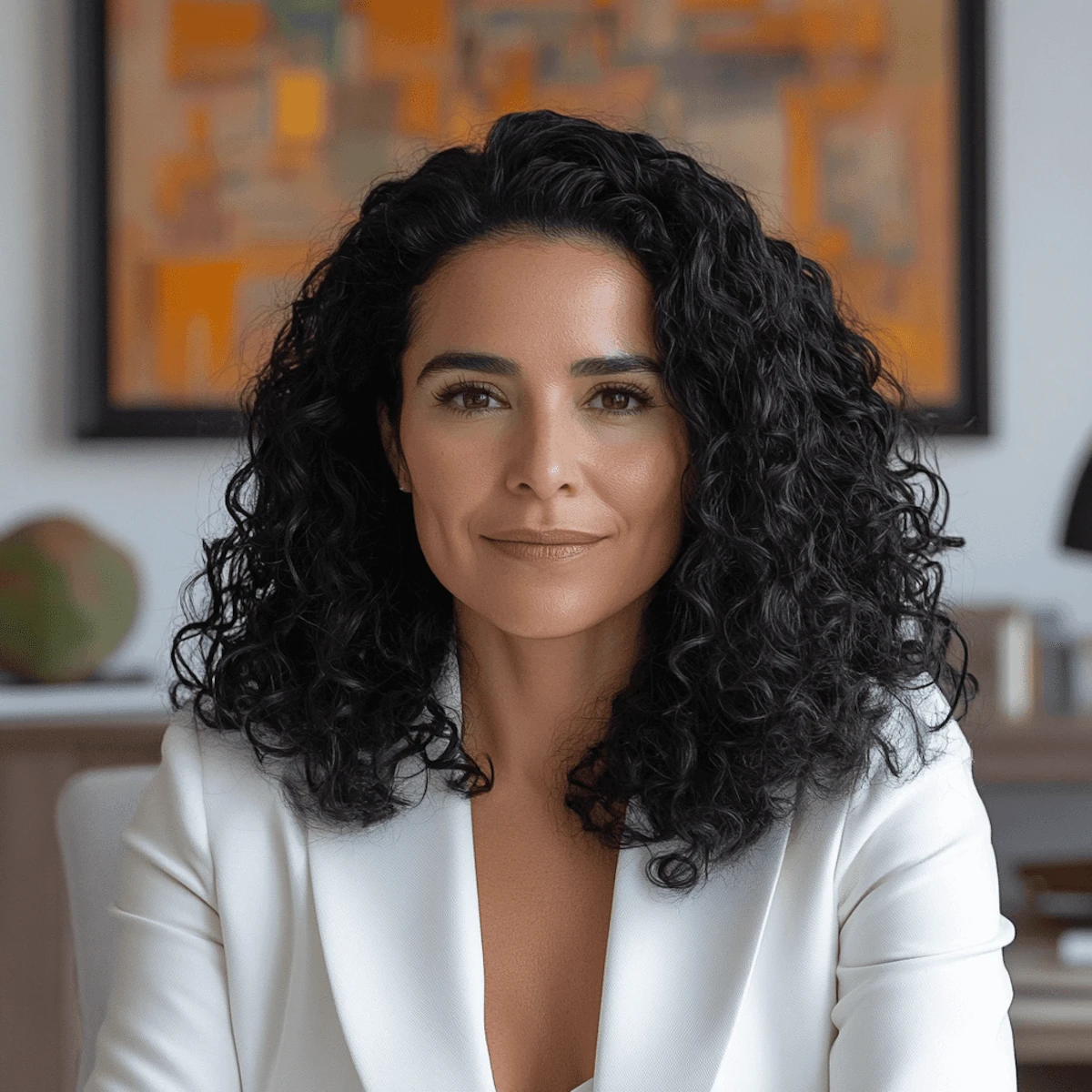 Client with curly dark hair in a white blazer, in front of an abstract painting