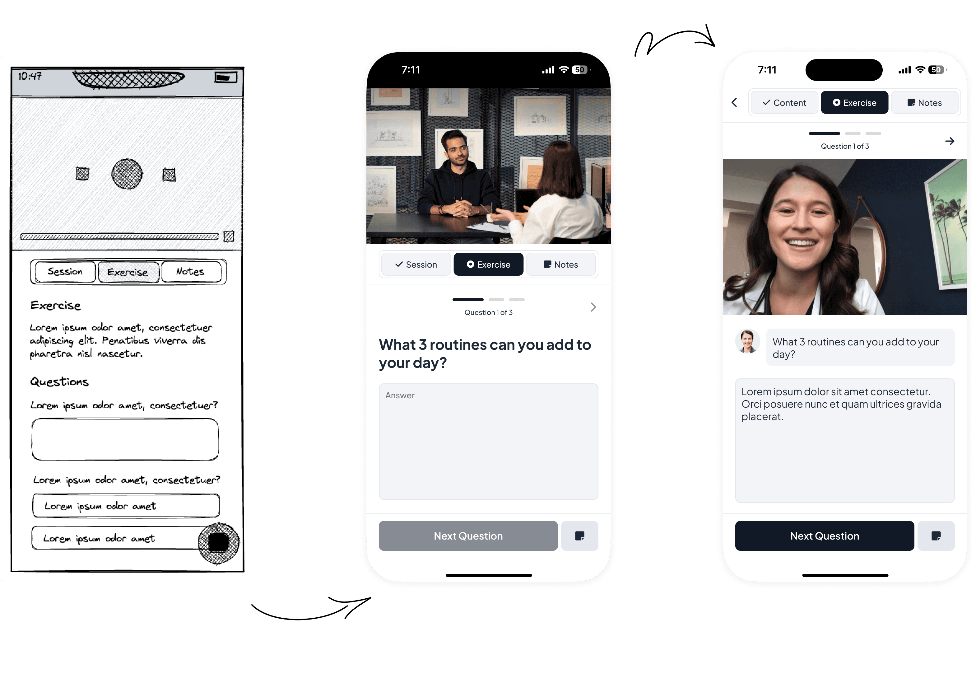 The evolution of the sessions concept from wireframe (left) to V1 (centre) and final (right)