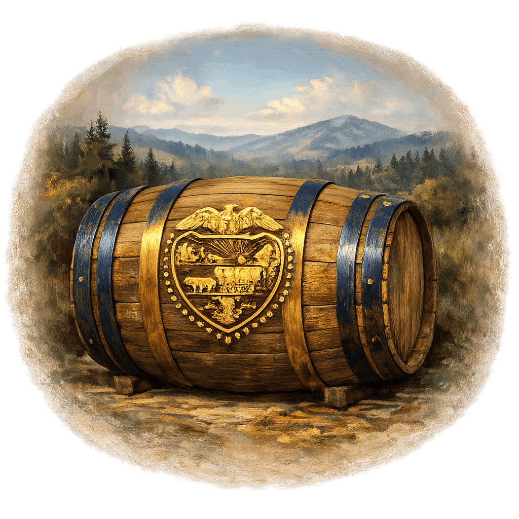 Wine barrel featuring the Oregon national emblem for regional wine education.