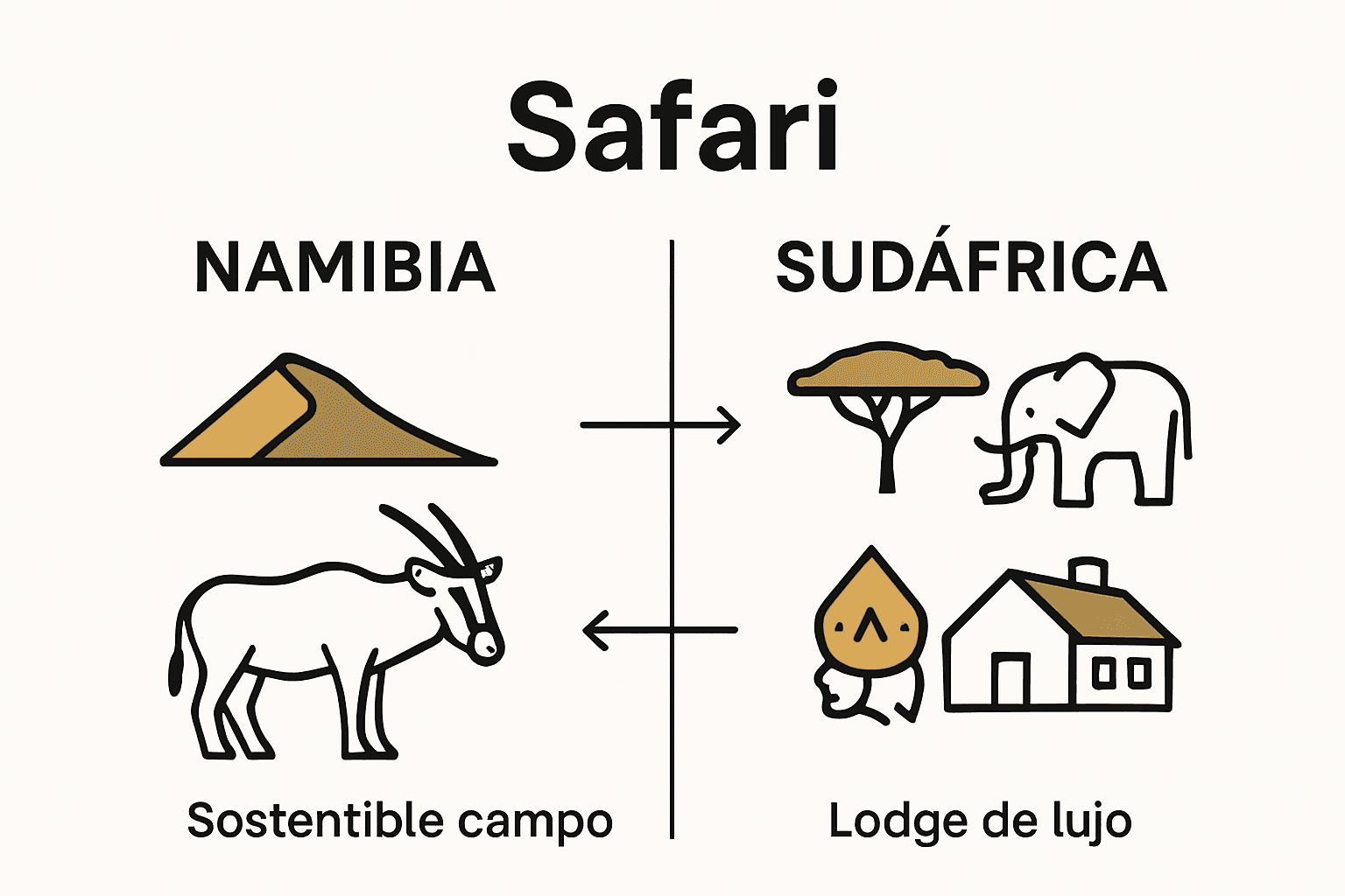 Infografía comparando safaris en Namibia y Sudáfrica mediante iconos de paisajes, fauna e infraestructura.