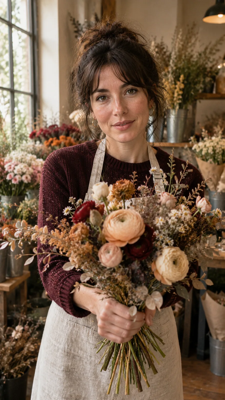 A florist in a linen apron holding a bouquet of ranunculus