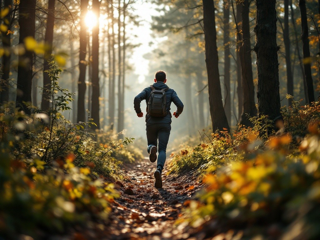 A man runs through a forest trail during sunrise.