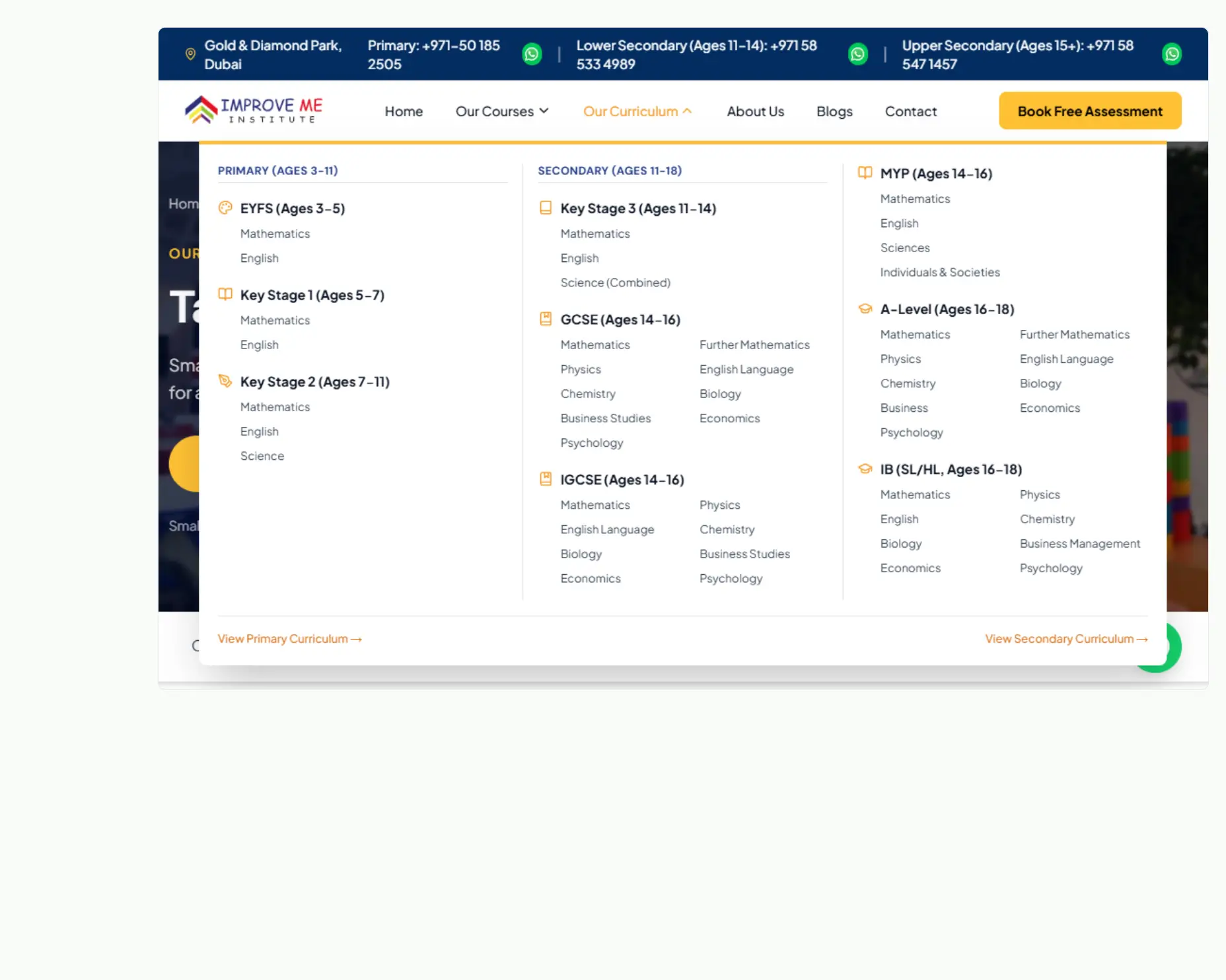 Improve Me Institute Dubai curriculum menu for EYFS, GCSE, A-Level, and IB courses.