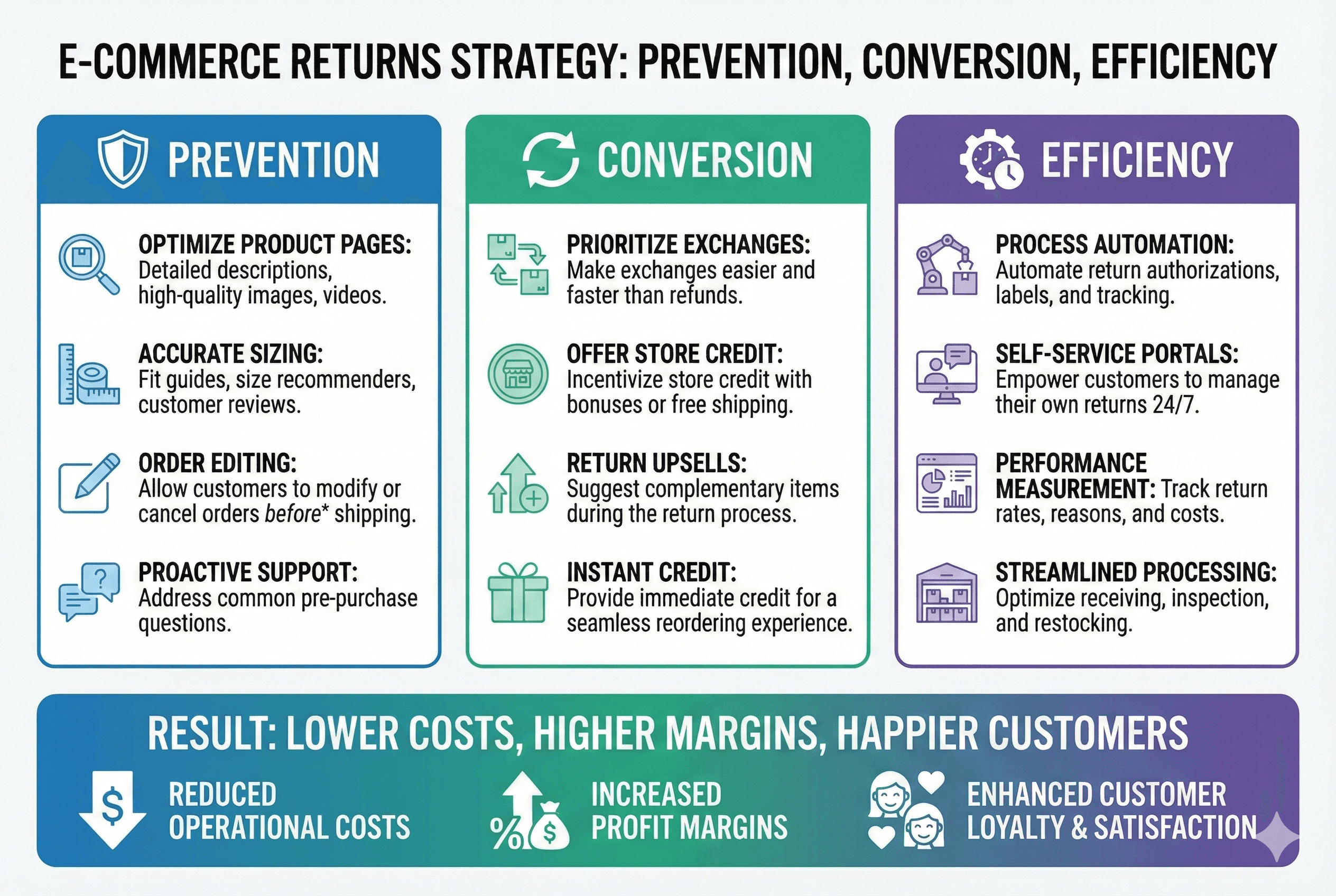 Three-column strategic summary for return management. The 'Prevention' column lists product sizing and order editing; 'Conversion' lists exchanges and store credit; 'Efficiency' lists automation. The bottom banner concludes with the result: 'Lower costs, higher margins, happier customers'.