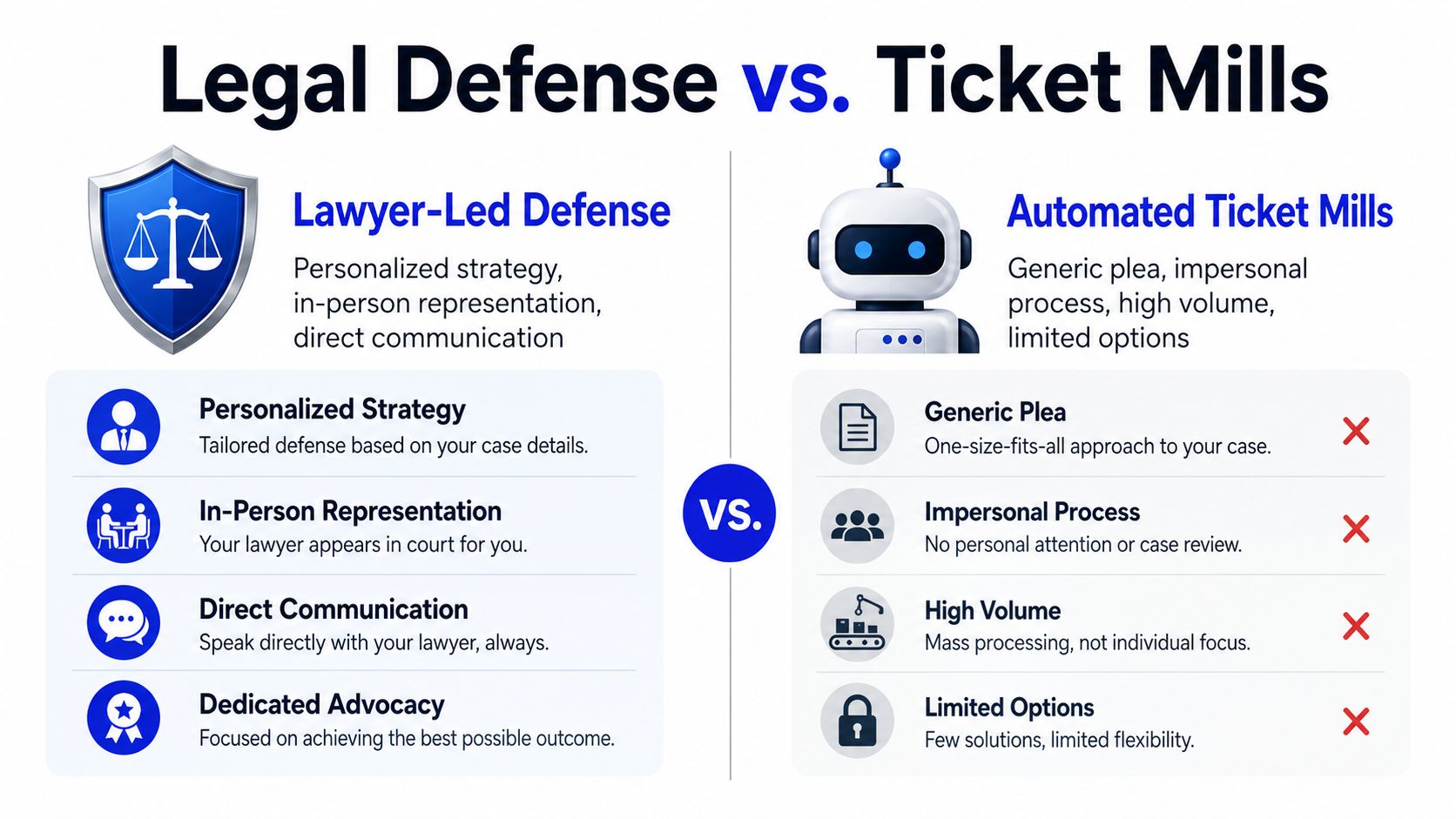 A comparison infographic between personalized lawyer-led legal defense and impersonal automated traffic ticket mills.