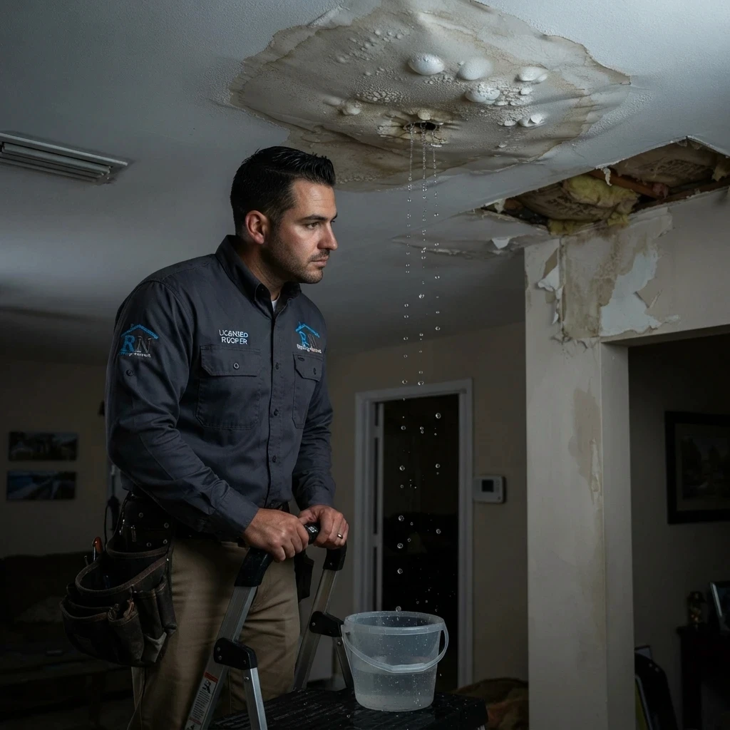 Licensed South Florida roofer inspecting an active ceiling leak and water-stained drywall inside a home