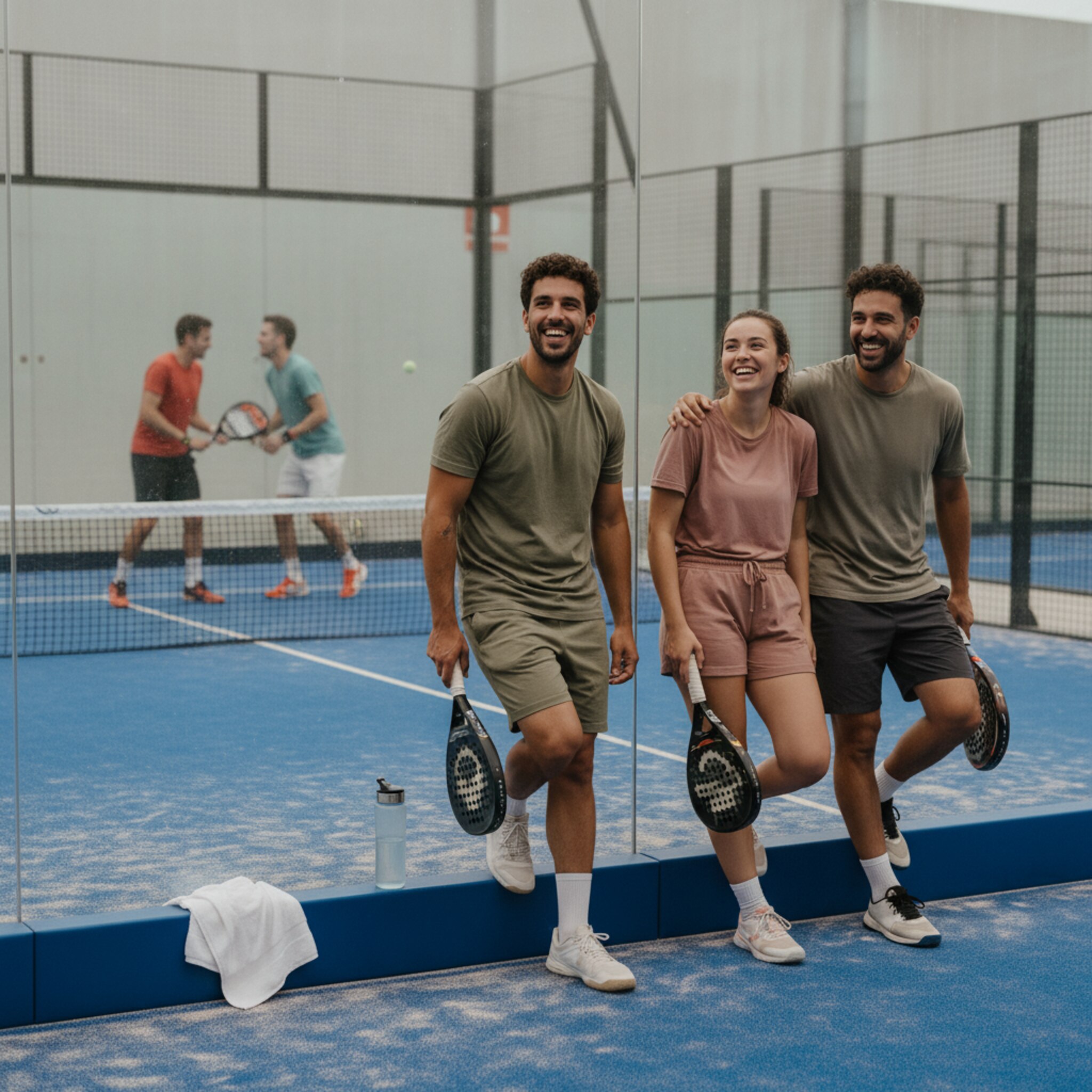 Nach dem Match lehnen vier Freunde lachend an der Glaswand, Schläger locker in der Hand. Auf dem Nachbarcourt wird noch gespielt, das rhythmische Klacken der Bälle liegt in der Luft. Eine Wasserflasche perlt, Handtücher über der Bande. Die Szene wirkt lebendig und nah.