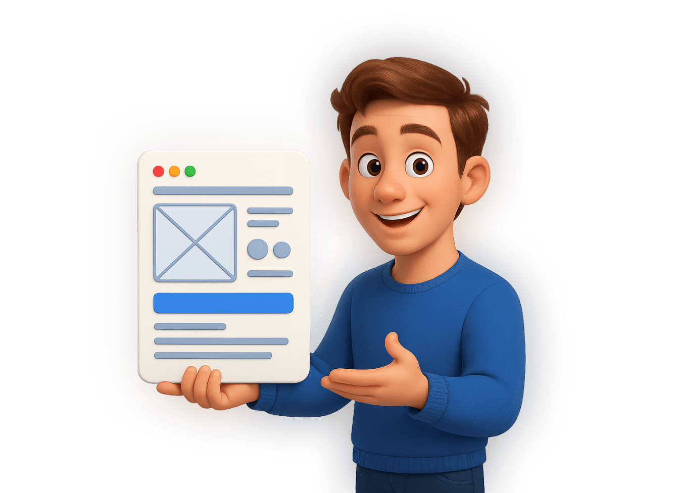 3D cartoon designer character smiling and presenting a website wireframe on a digital board, showcasing UI/UX layout elements.