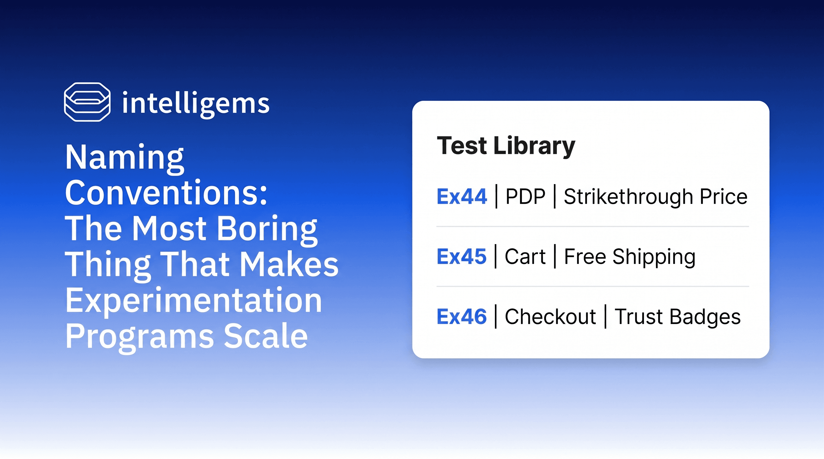 Intelligems cover: the post title on a blue gradient beside a white Test Library card listing named experiments (Ex44 PDP Strikethrough Price, Ex45 Cart Free Shipping, Ex46 Checkout Trust Badges