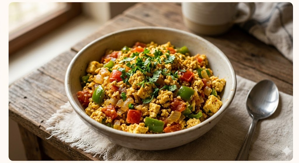 A close-up photograph of a rustic ceramic bowl filled with a savory and vibrant paneer scramble mixed with colorful sautéed bell peppers, tomatoes, and red onions, garnished with fresh chopped cilantro, served on a wooden table.