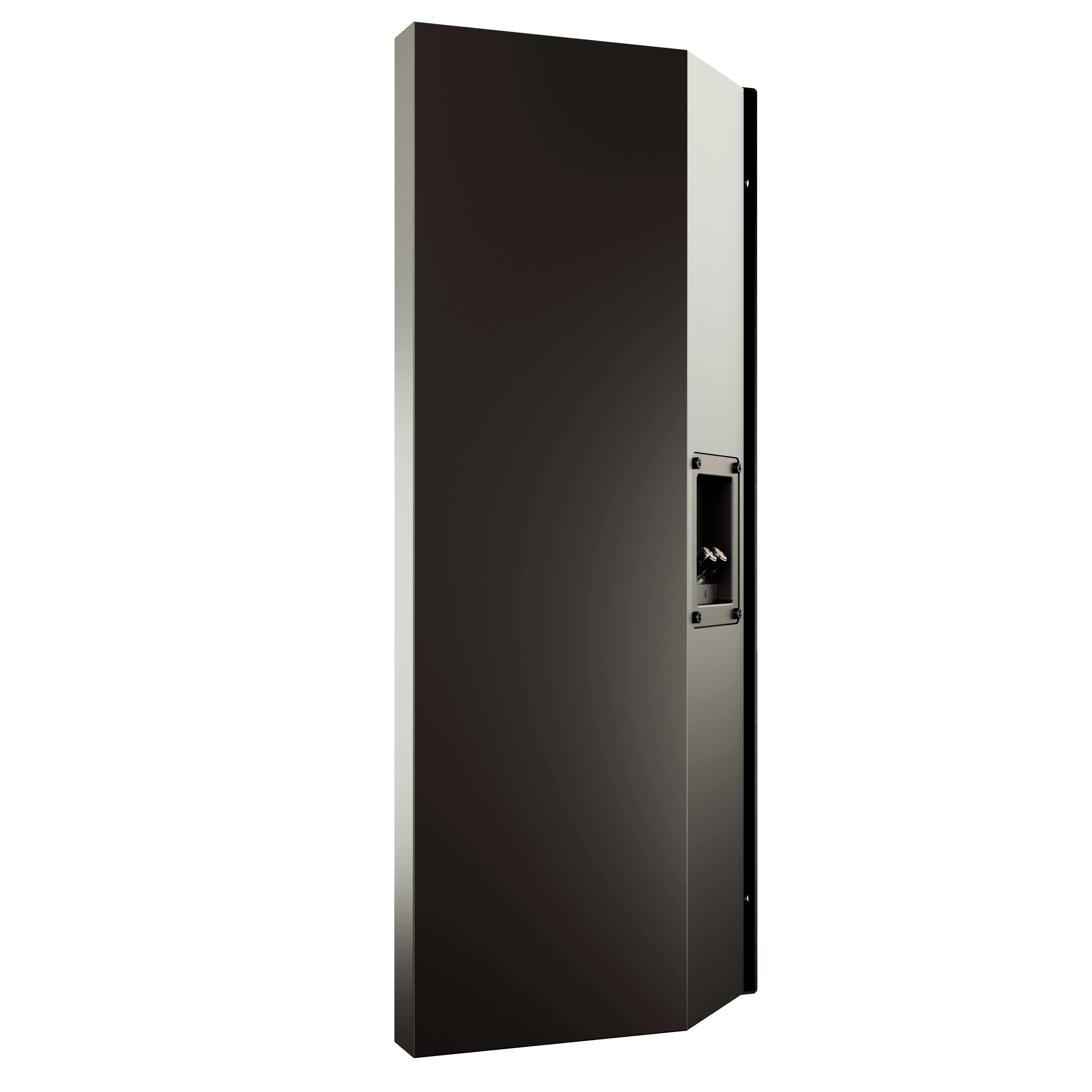Black directional speaker with a silver edge and connector.