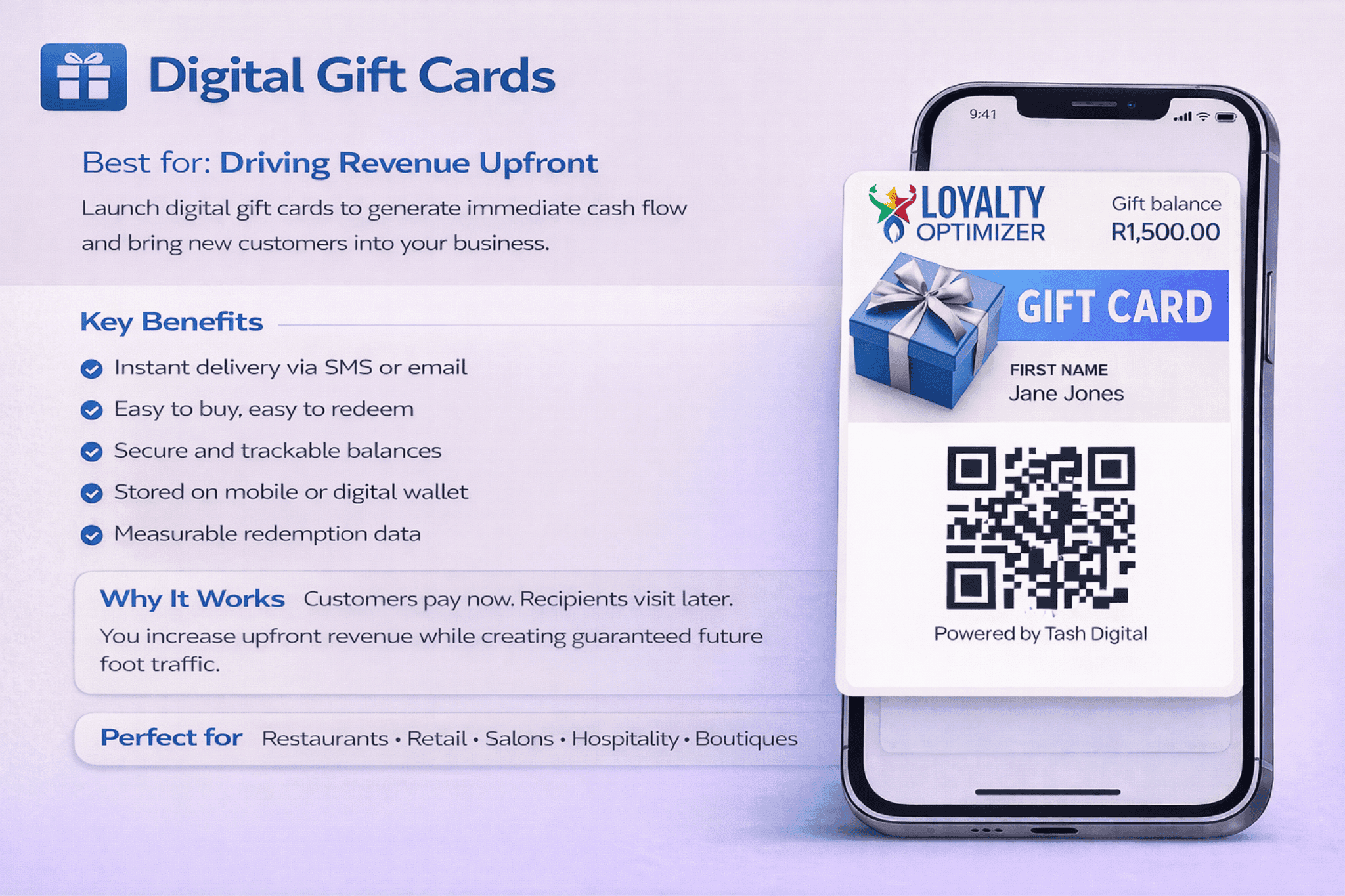 Digital Gift Card displayed on a smartphone screen showing Loyalty Optimizer branding, gift balance in Rand, recipient name, and a QR code for secure in-store redemption.