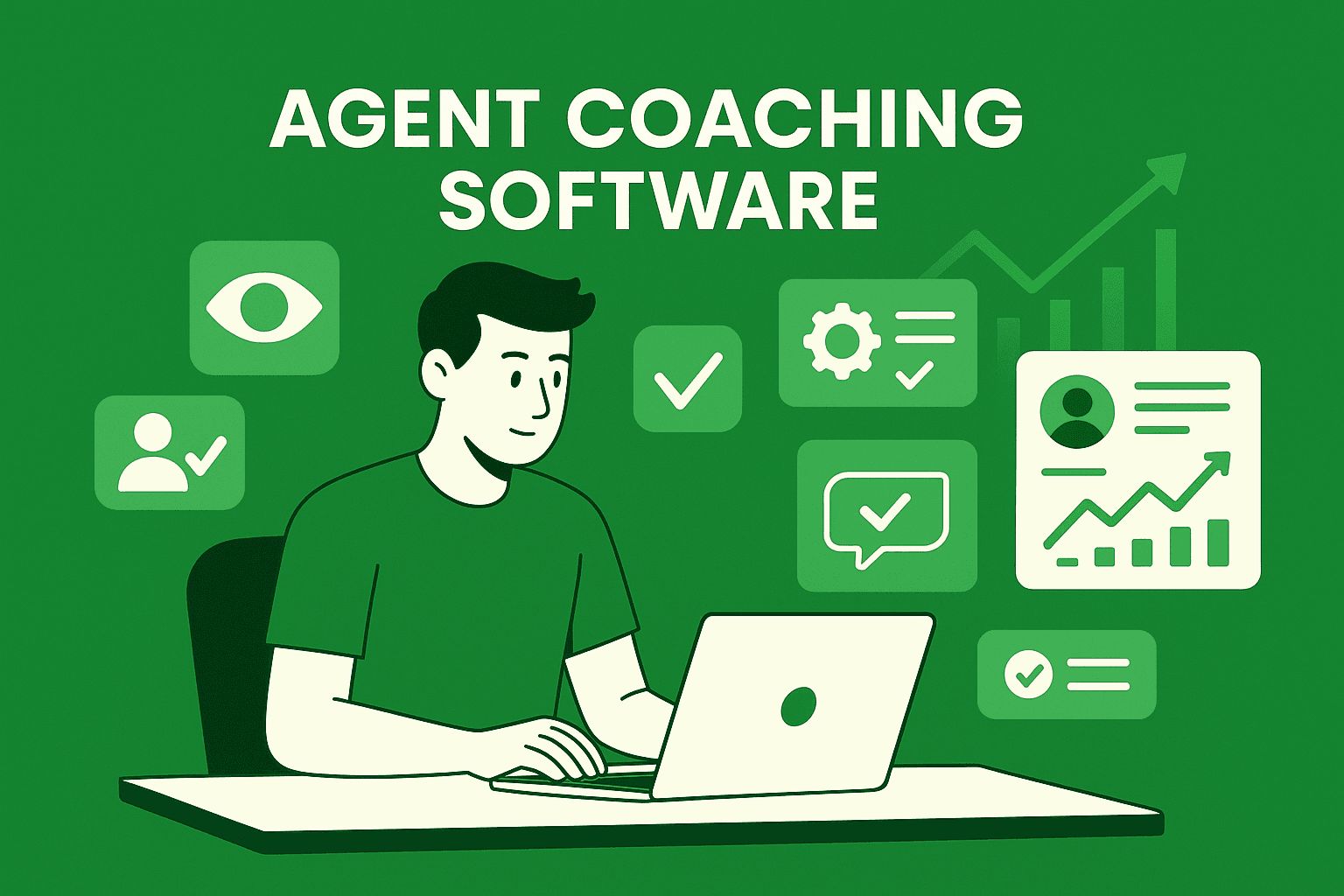 Support agent working on a laptop, surrounded by icons representing coaching, analytics, performance checks, and automation—symbolizing modern agent coaching software.