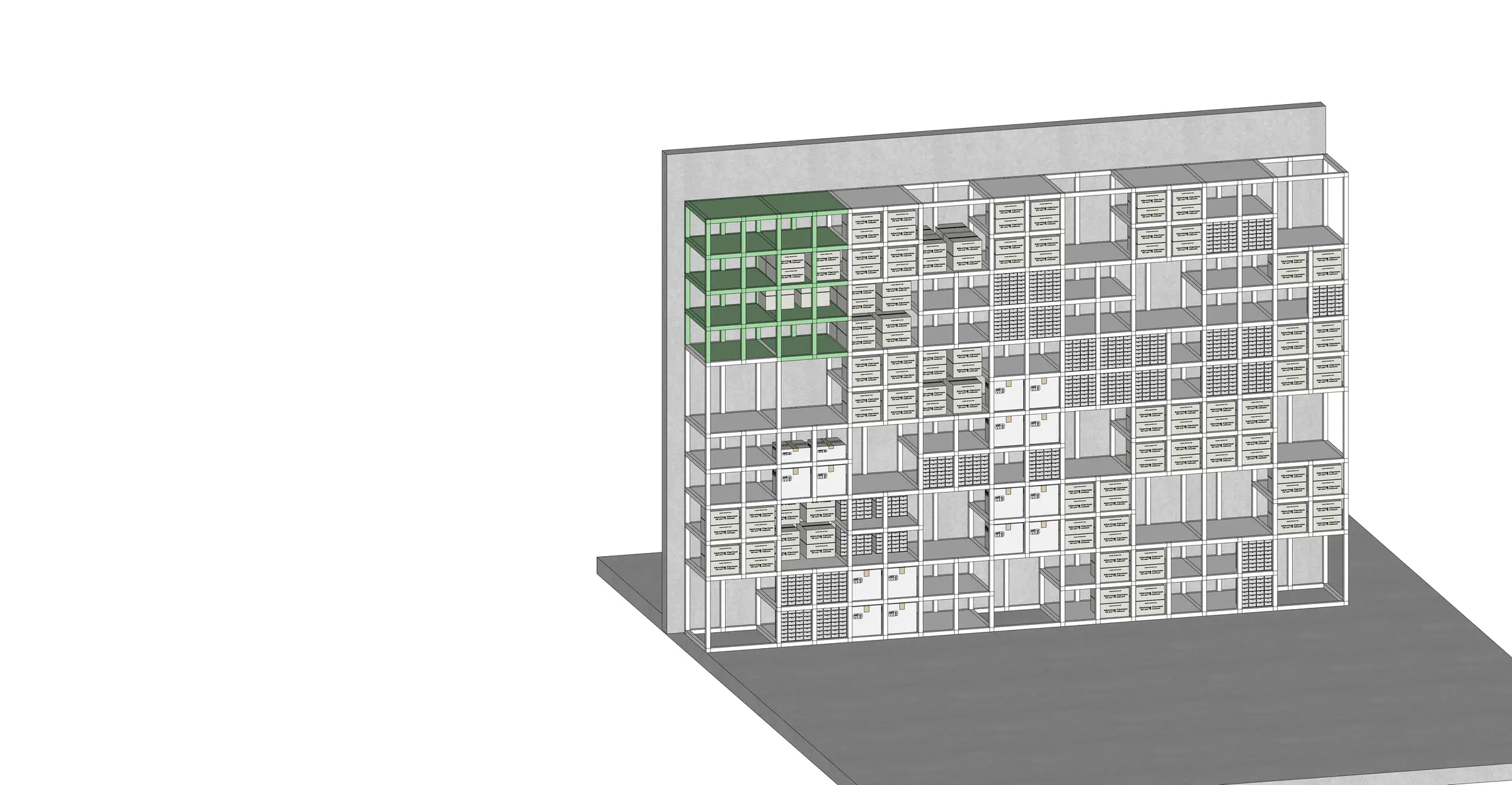 Axonometric view of the wall built from shelving modules