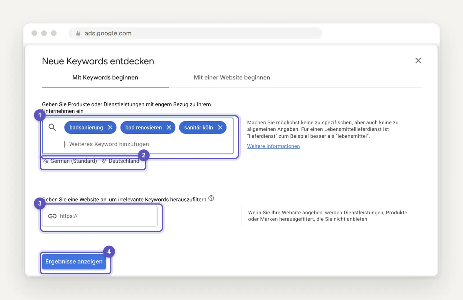 Input Form: Start by entering the keywords "bathroom renovation," "renovate bathroom," and "plumbing Cologne" into the Keyword Planner, using the settings "German (Default)" and "Germany," the "Website" field, and the "Show Results" button.