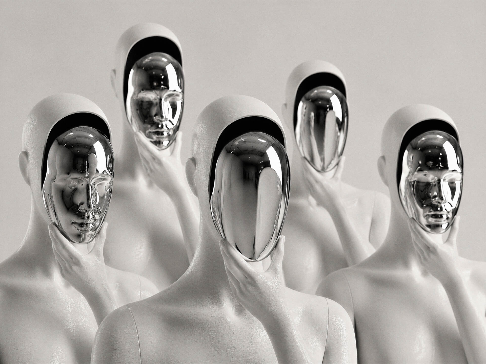 Five faceless white mannequins hold polished chrome masks over hollowed facial voids in a minimalist monochrome scene. Editorial hero artwork for Methodborne’s ‘The Great Industrial Cowardice,’ representing corporations disguising inferior AI-generated output behind narratives of innovation, efficiency, and velocity while silencing real creative expertise.