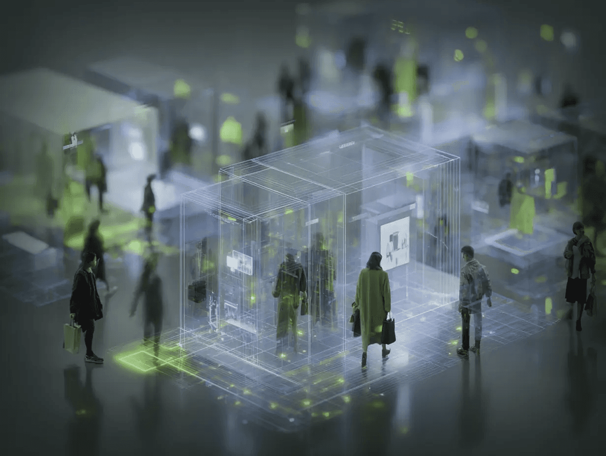 People interacting with a futuristic transparent digital kiosk with green interfaces, symbolizing Byte/Me Design’s e-commerce solutions and seamless online shopping experiences.