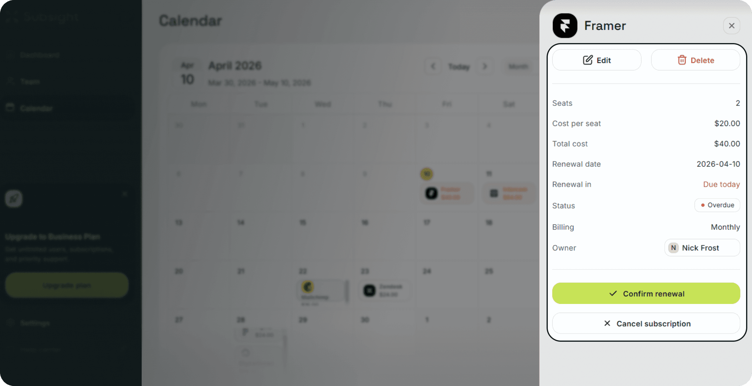 Subsight calendar event summary card showing cost, renewal date, owner, and edit options.