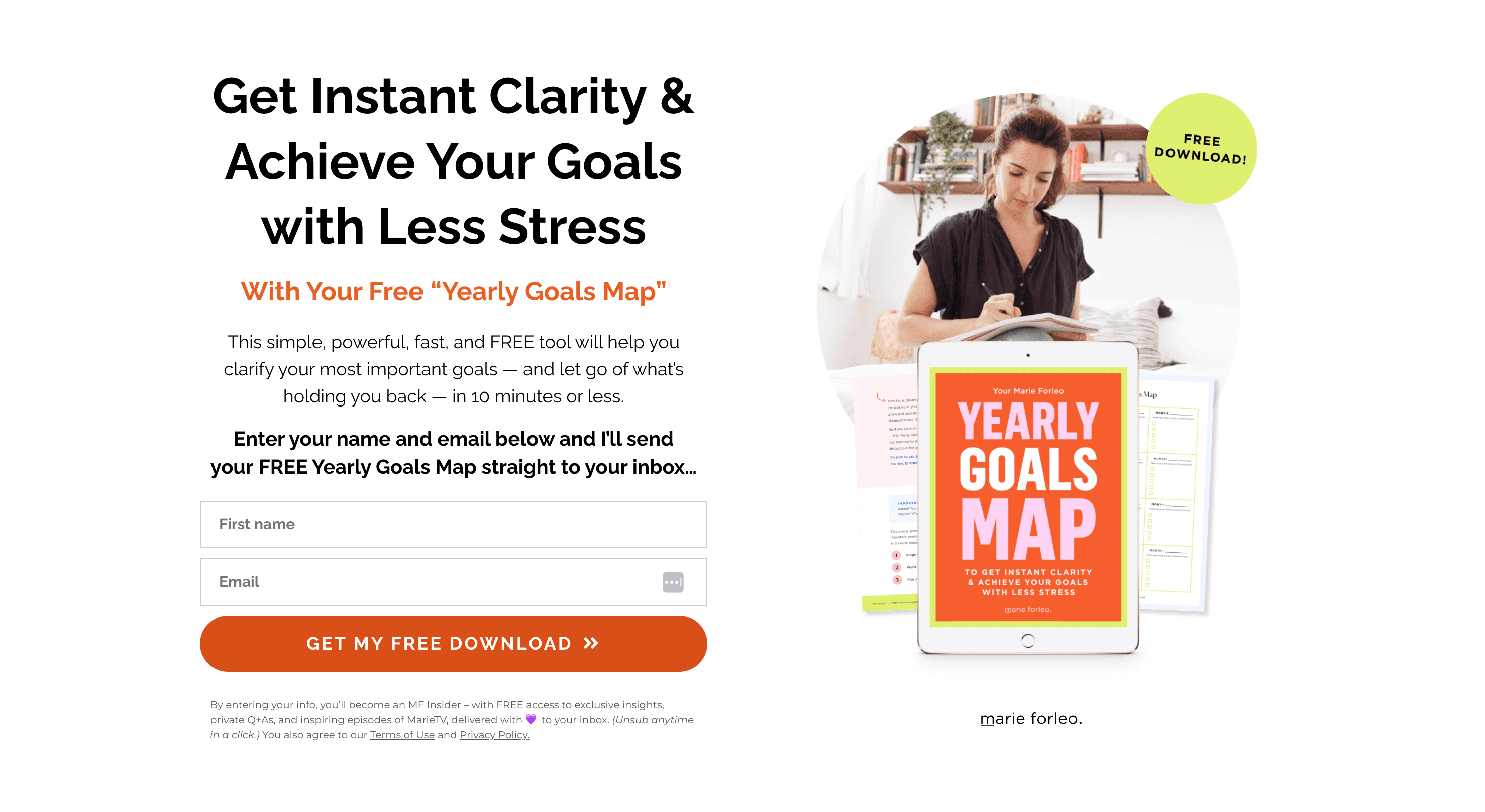 Marie Forleo uses a Yearly Goals Map as a download funnel