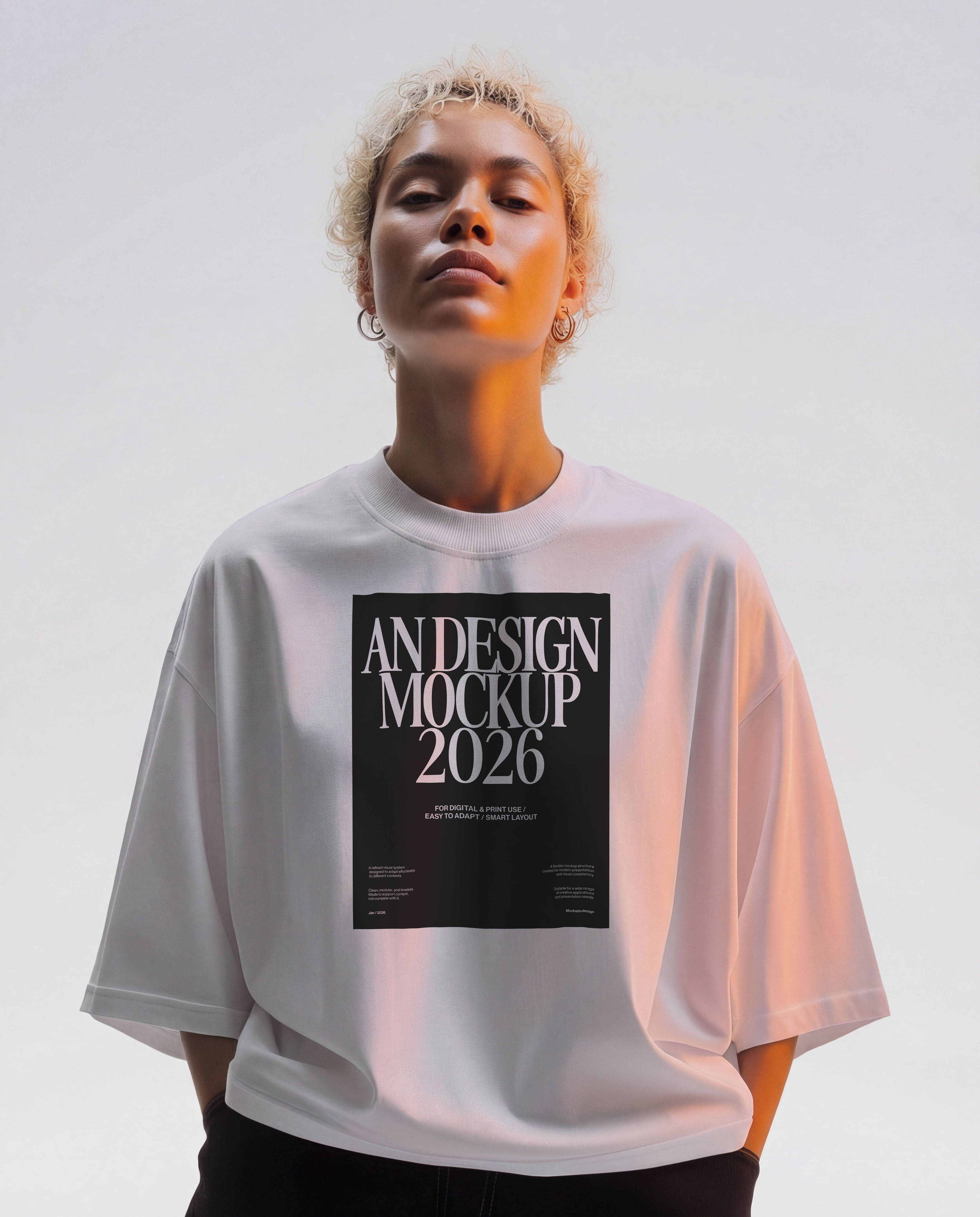 T-shirt mockup on clean minimal background, flat lay presentation